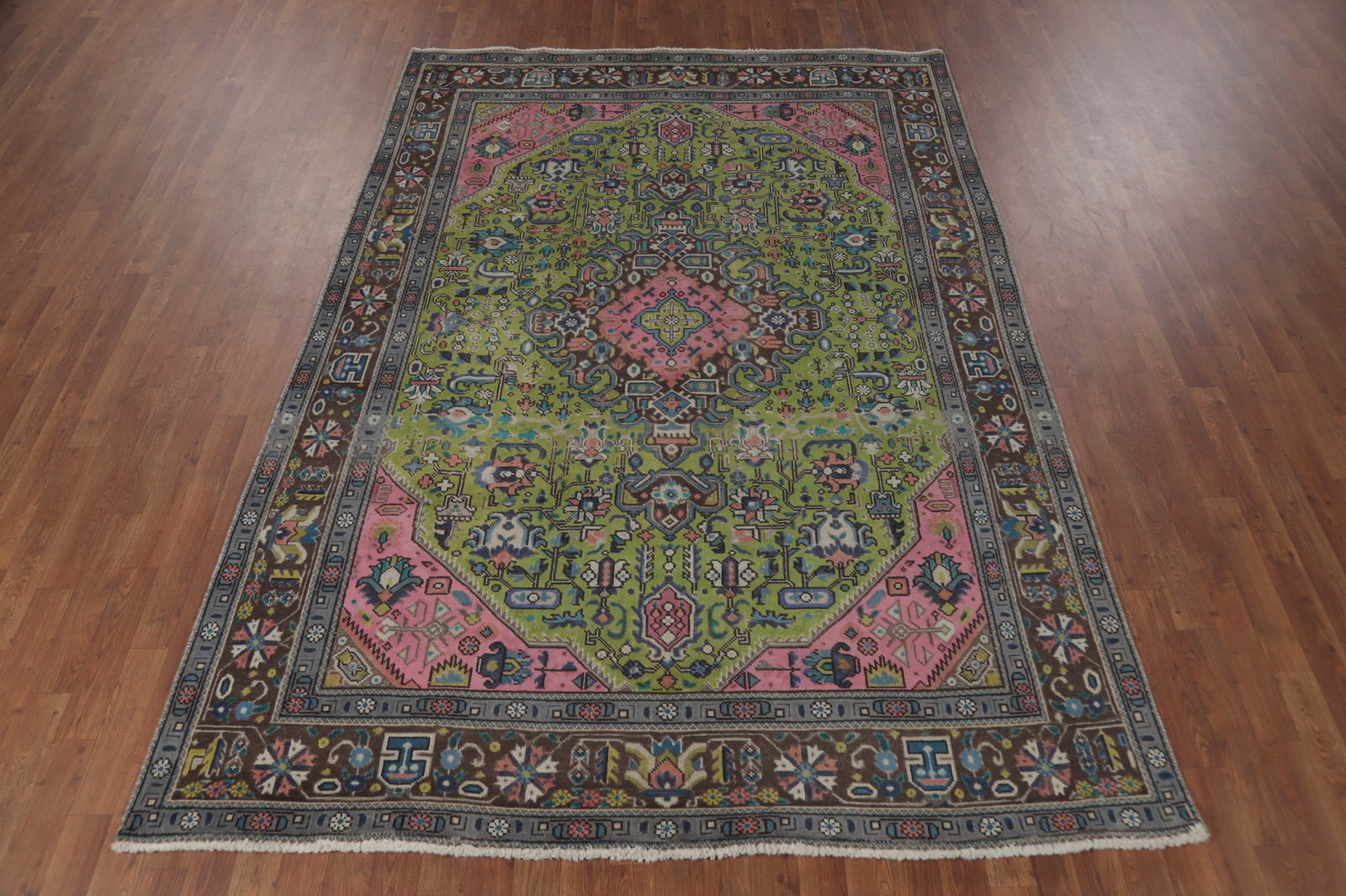 Green Geometric Wool Traditional Over-Dyed Handmade Dining Room Area Rug 6×9