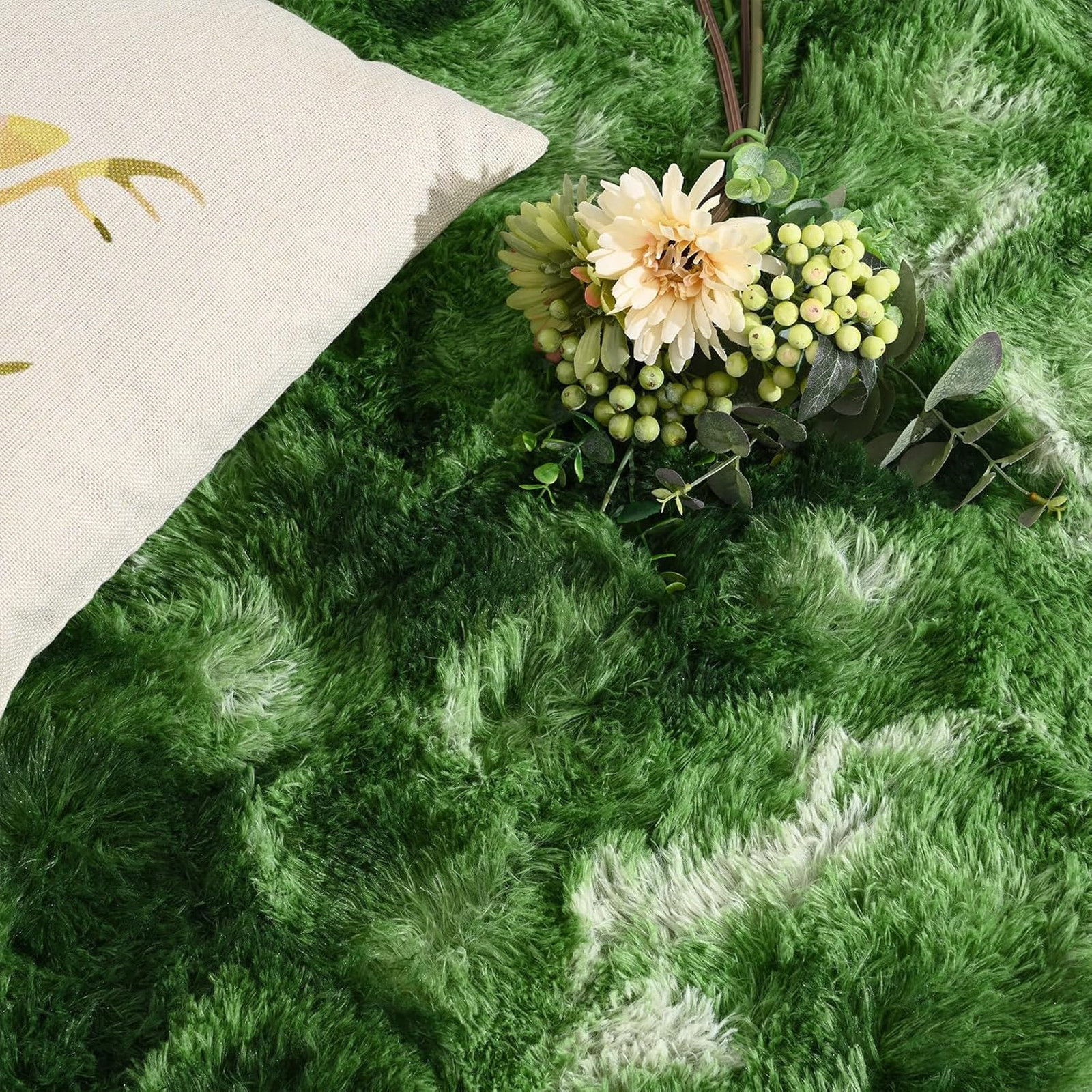 Fluffy Dark Green Rug 3×5 Feet Plush Shaggy Tie-Dye Bedroom Living Room Non-Slip