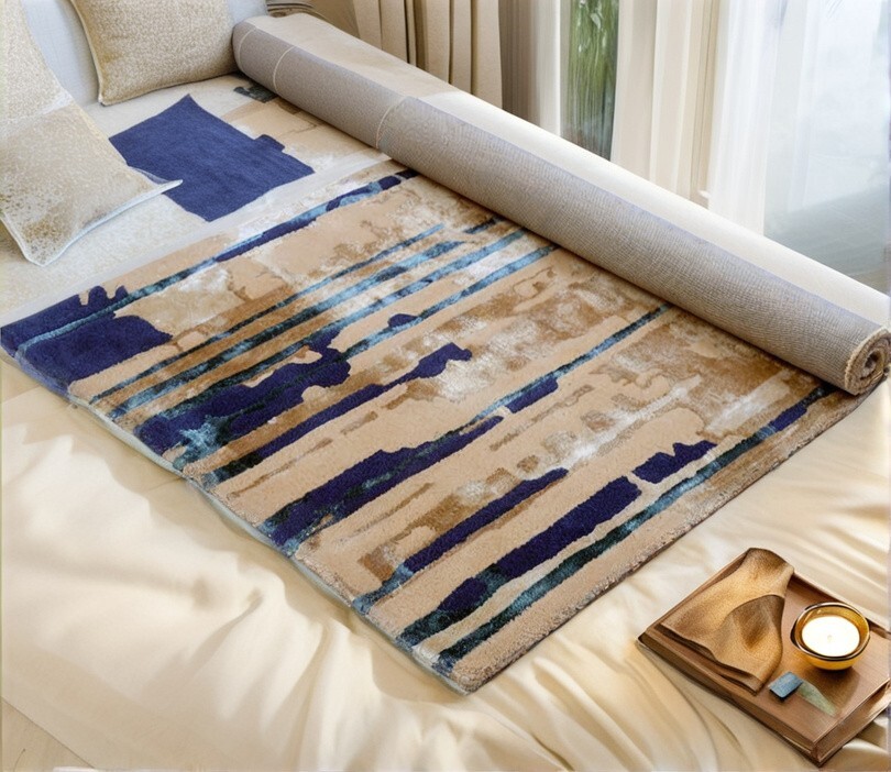 Blue and Beige Hand Tufted Mercurial Rug, Handmade Wool Area Rug Home Decor