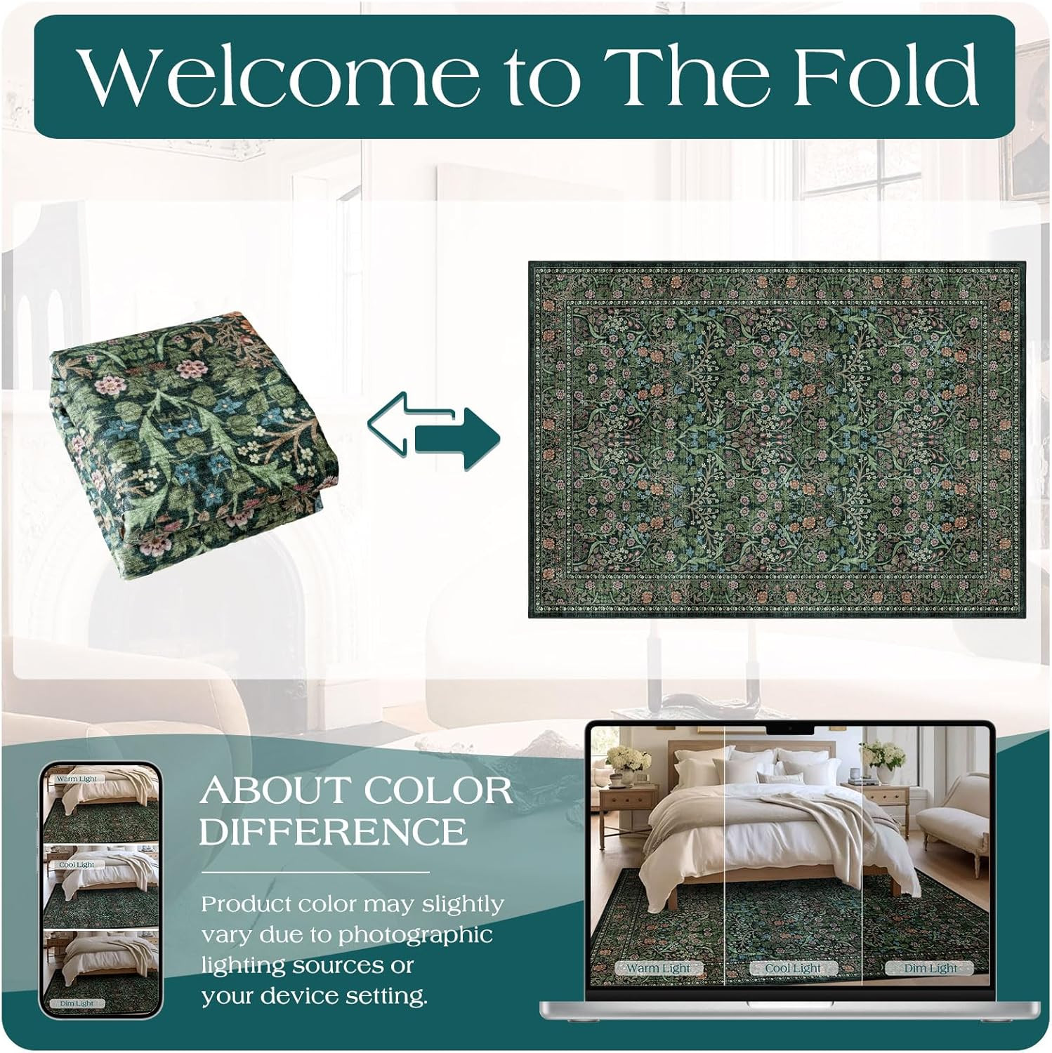 Large Washable Floral Rug – 9×12 Dark Green Boho Area Carpet for Living Room