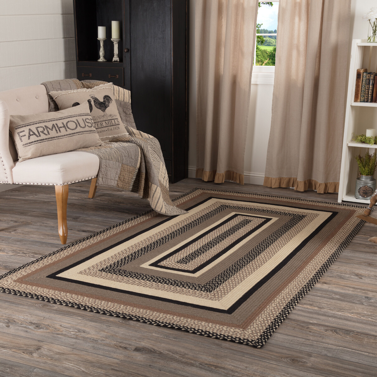 VHC Sawyer Mill Charcoal Creme Jute Farmhouse Country Rectangle Braided Rug