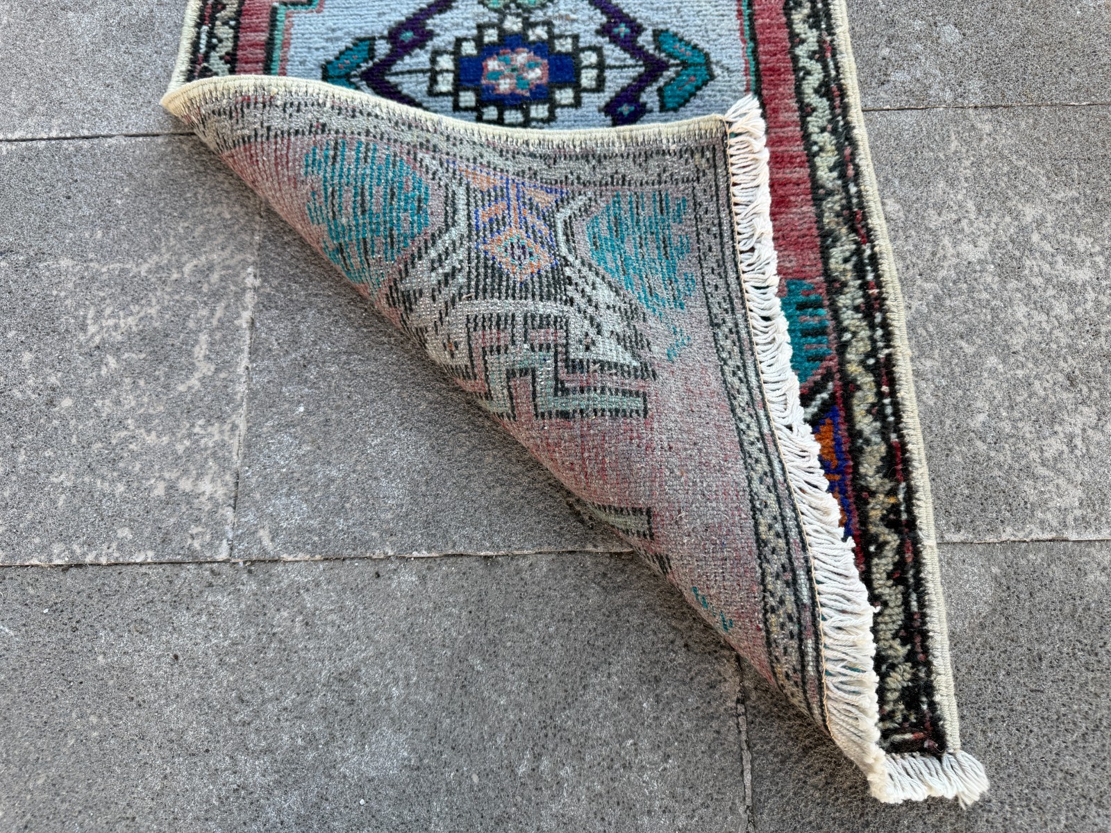 Vintage Turkish Nomadic Rug 1.6×3 ft Pink Teal Primitive Accent Carpet