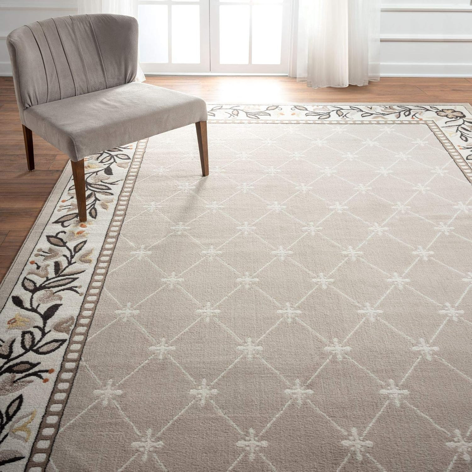 Premium Aydin Traditional Diamond Floral Area Rug, Soft Beige, 5’3″X7’5″