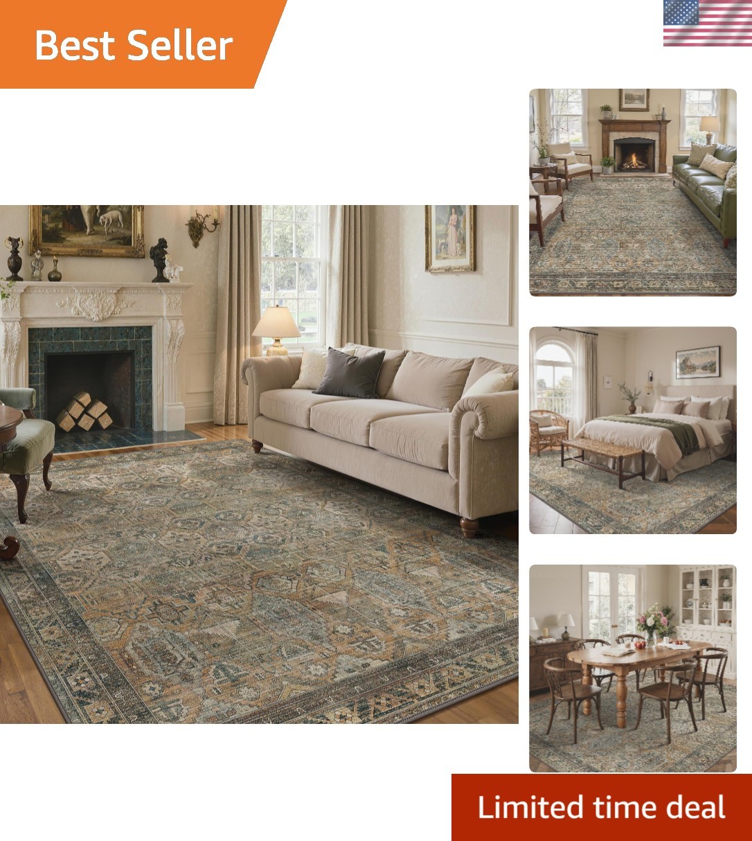 8×10 Vintage Floral Area Rug – Machine Washable Non Slip Chenille in Warm Taupe