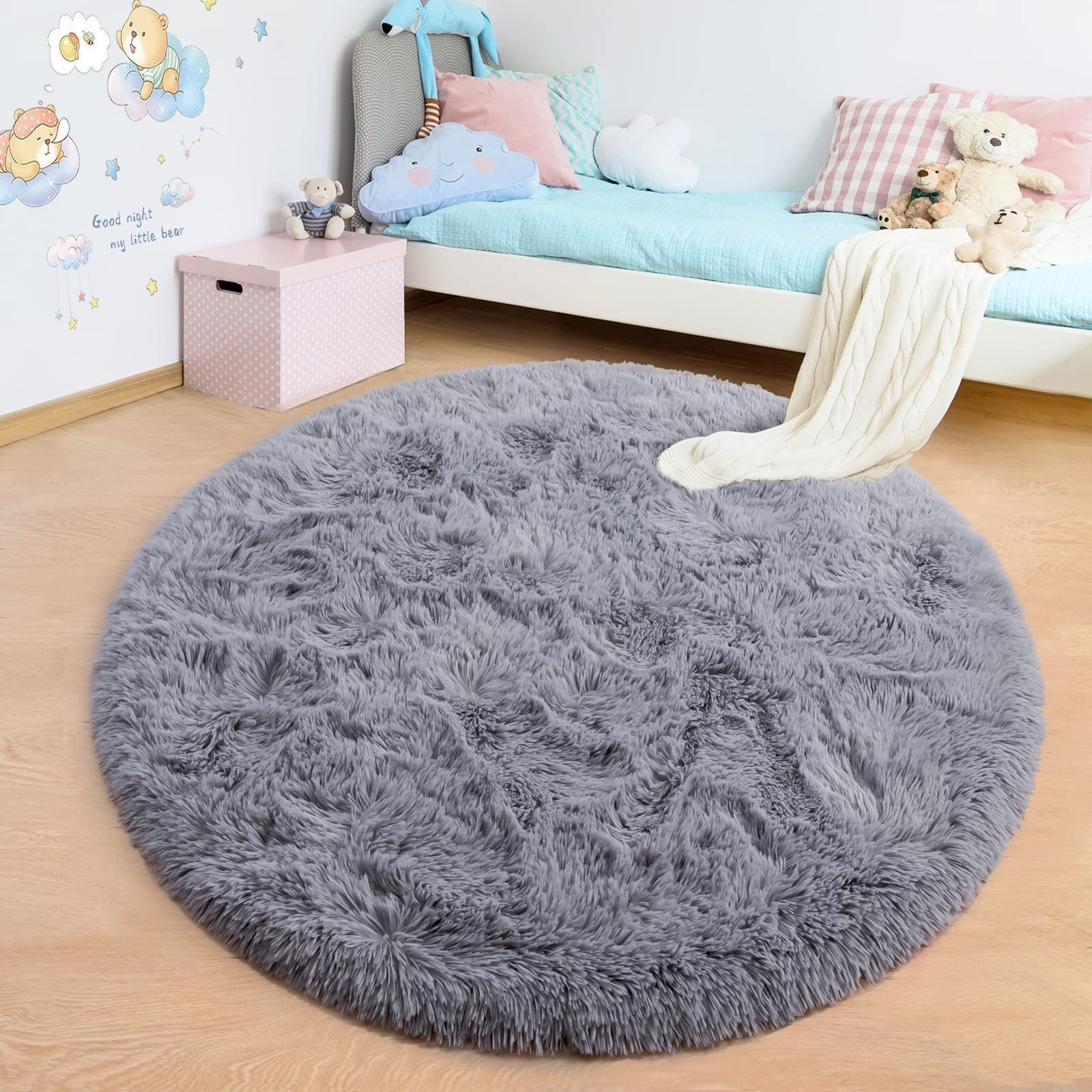 junovo Round Rug 4×4 Feet Fluffy Soft Area Rugs for Kids Girls Room Princess Cas