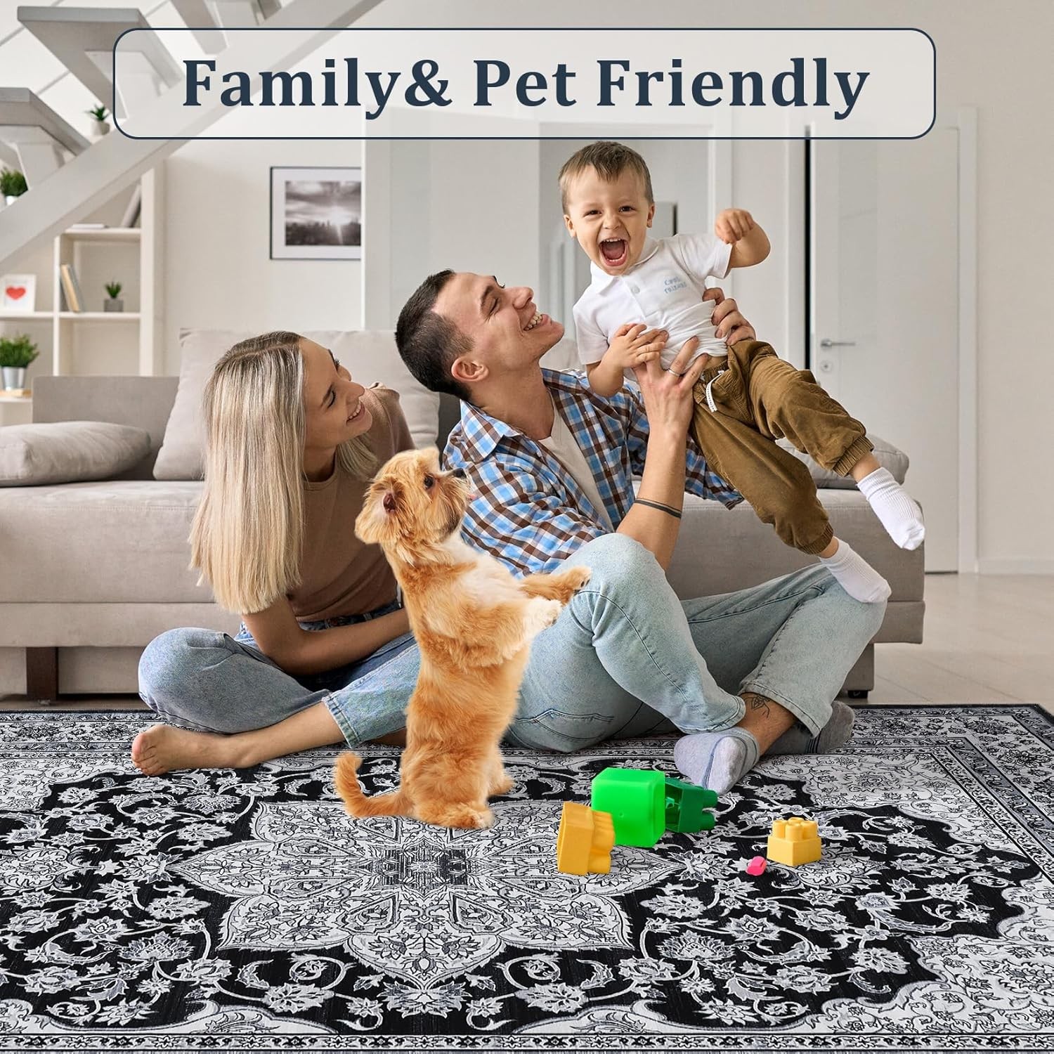 US Washable Area Rug Low-Profile Non-Slip Backing Durable Edge Bind Vintage Rugs