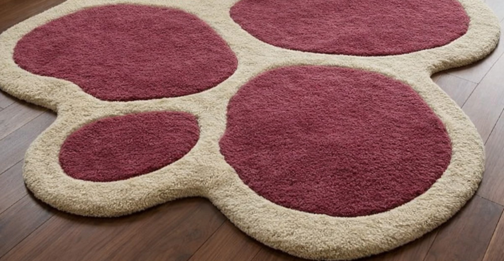 Soft shaggy abstract rug cream and rose pink stone pattern floor carpet.