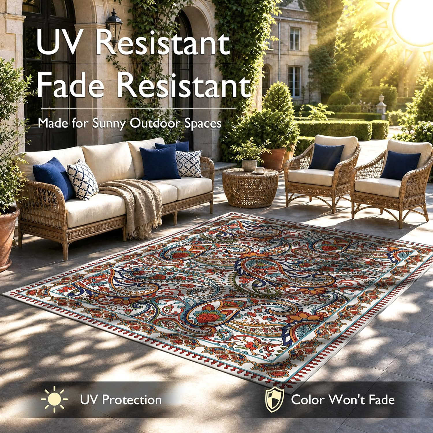 Paisley Outdoor Rug Waterproof 4X6, UV Resistant Non Slip Patio Rug, Indoor Outd