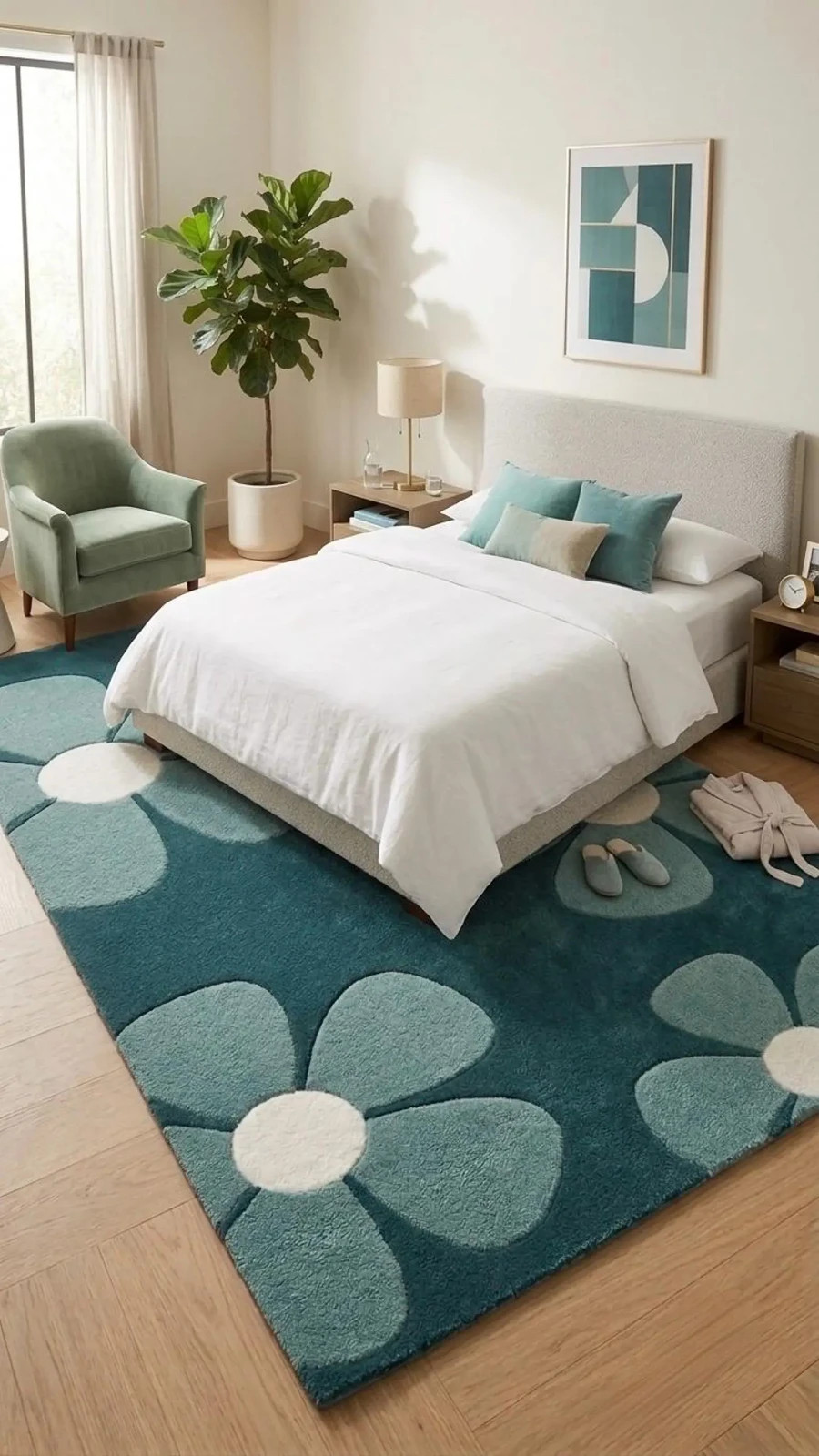 Hand-Tufted Wool Rug Teal Blue Floral Carved Living Room Carpet Handmade Designe