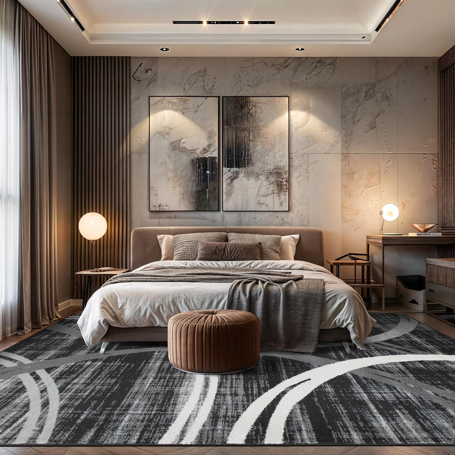 Modern Wavy Circles Design Area Rug, Non-Shedding Carpet for Living Room, Large