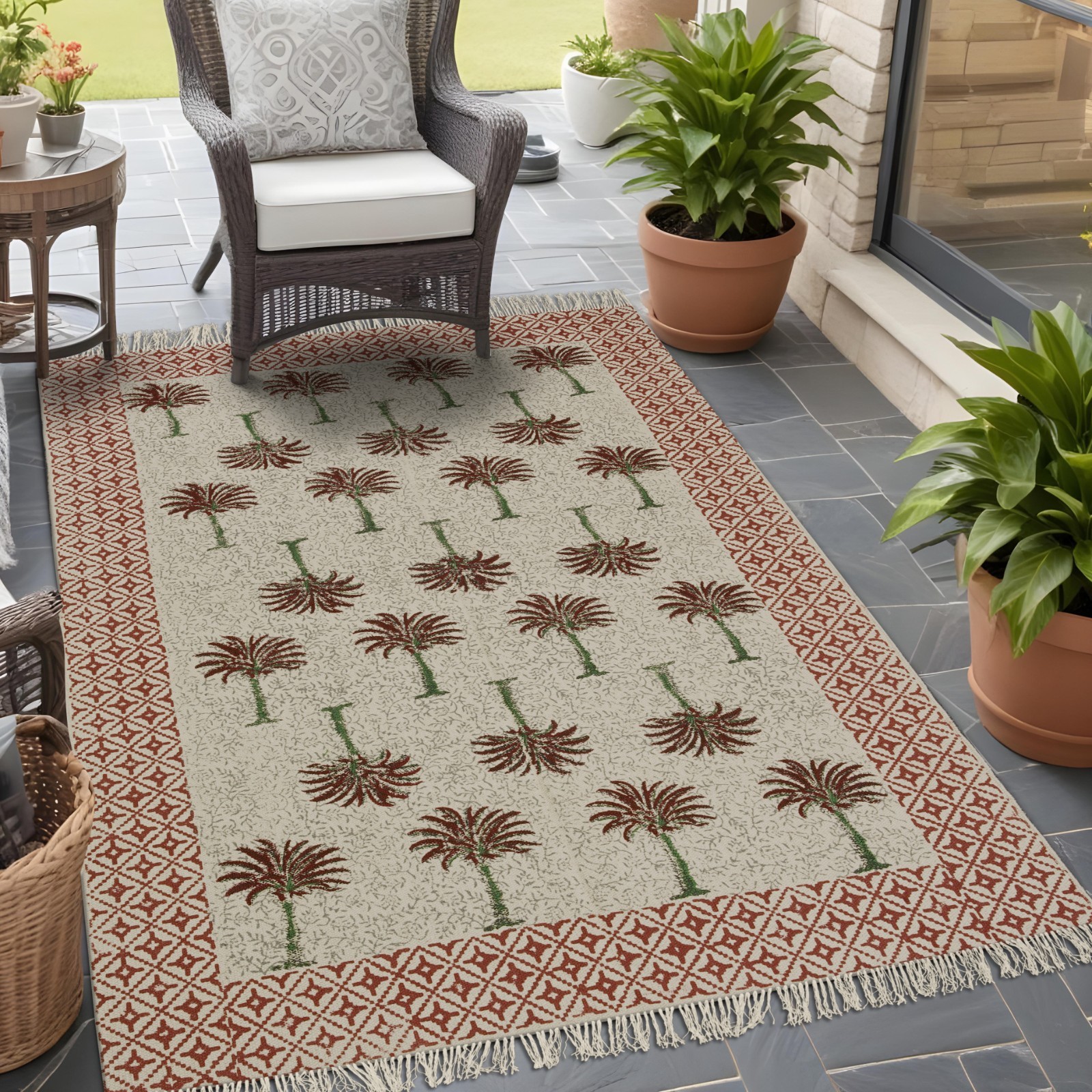 Hand Block Printed Palm Tree Cotton Area Rug Boho Farmhouse Fringe Carpet Decor
