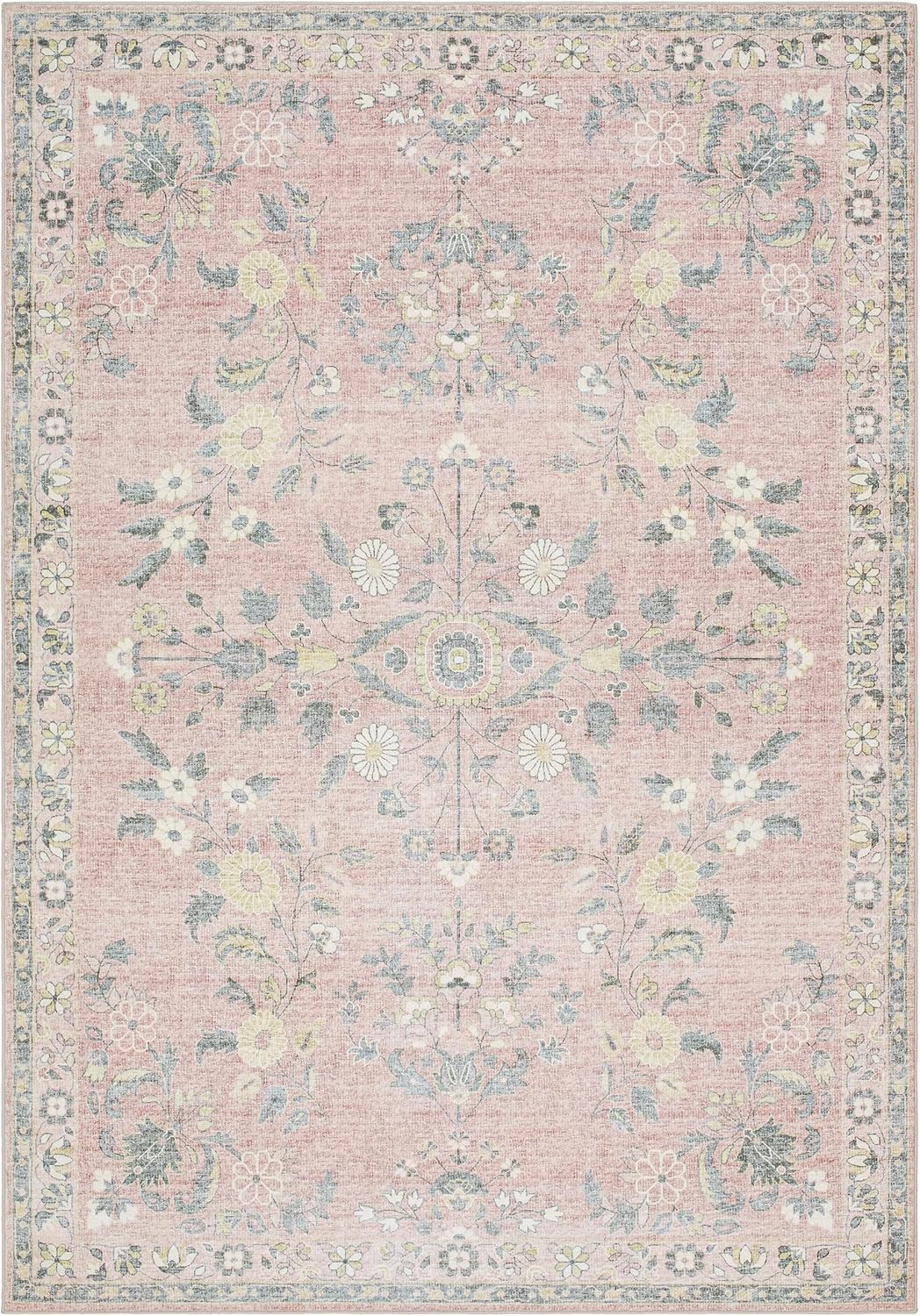 Hauteloom Constantine Machine Washable Area Rug – Floral Border Medallion Distre