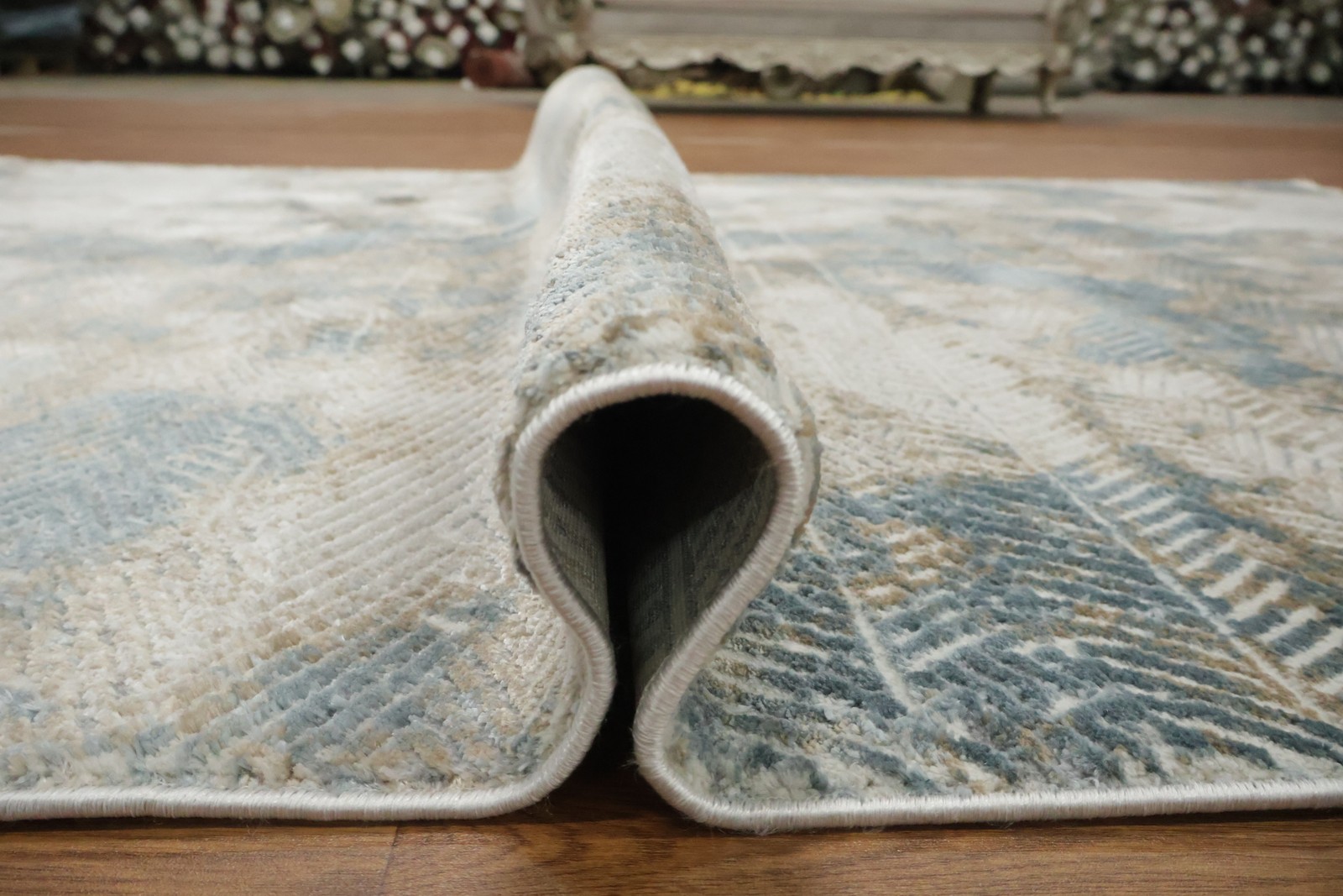 Subtle Blue and Beige Area Rug 5×8 Ft Abstract & Modern Turkish Carpet