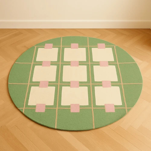 Modern Geometric Green Rug – Hand-Tufted Abstract Check Design Carpet, Handmade