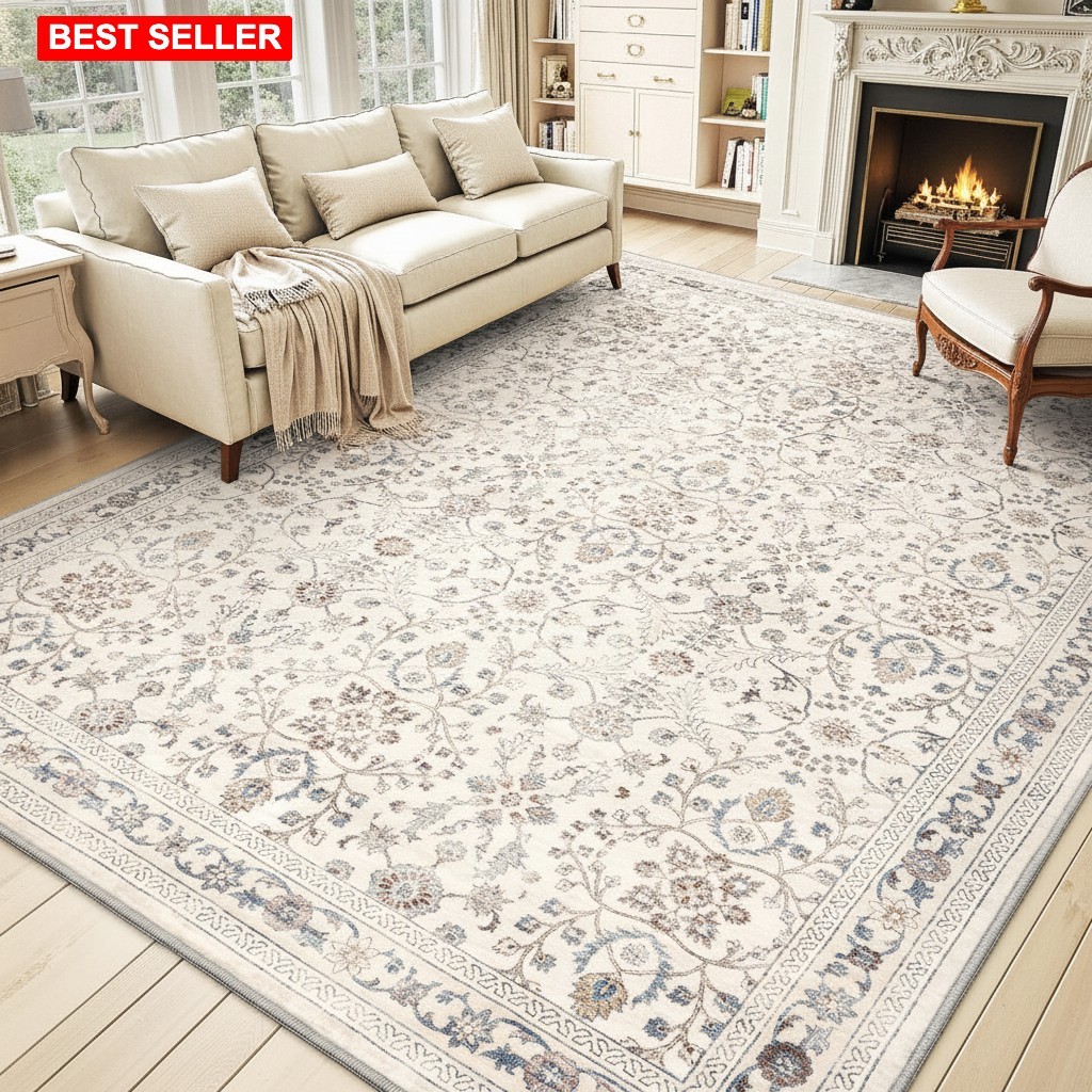 Area Rug 8X10 Beige Vintage Distressed Printed Non Slip Machine Washable Home