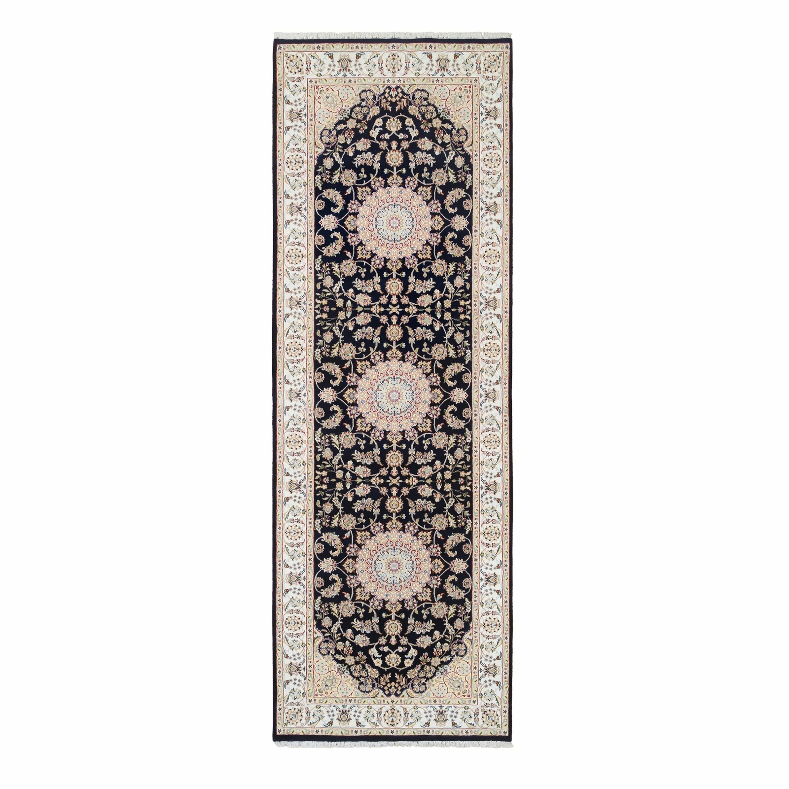 4′ x 12′ Blue Wool and Silk Hand Knotted Nain 250 KPSI Wide Runner Rug R64000