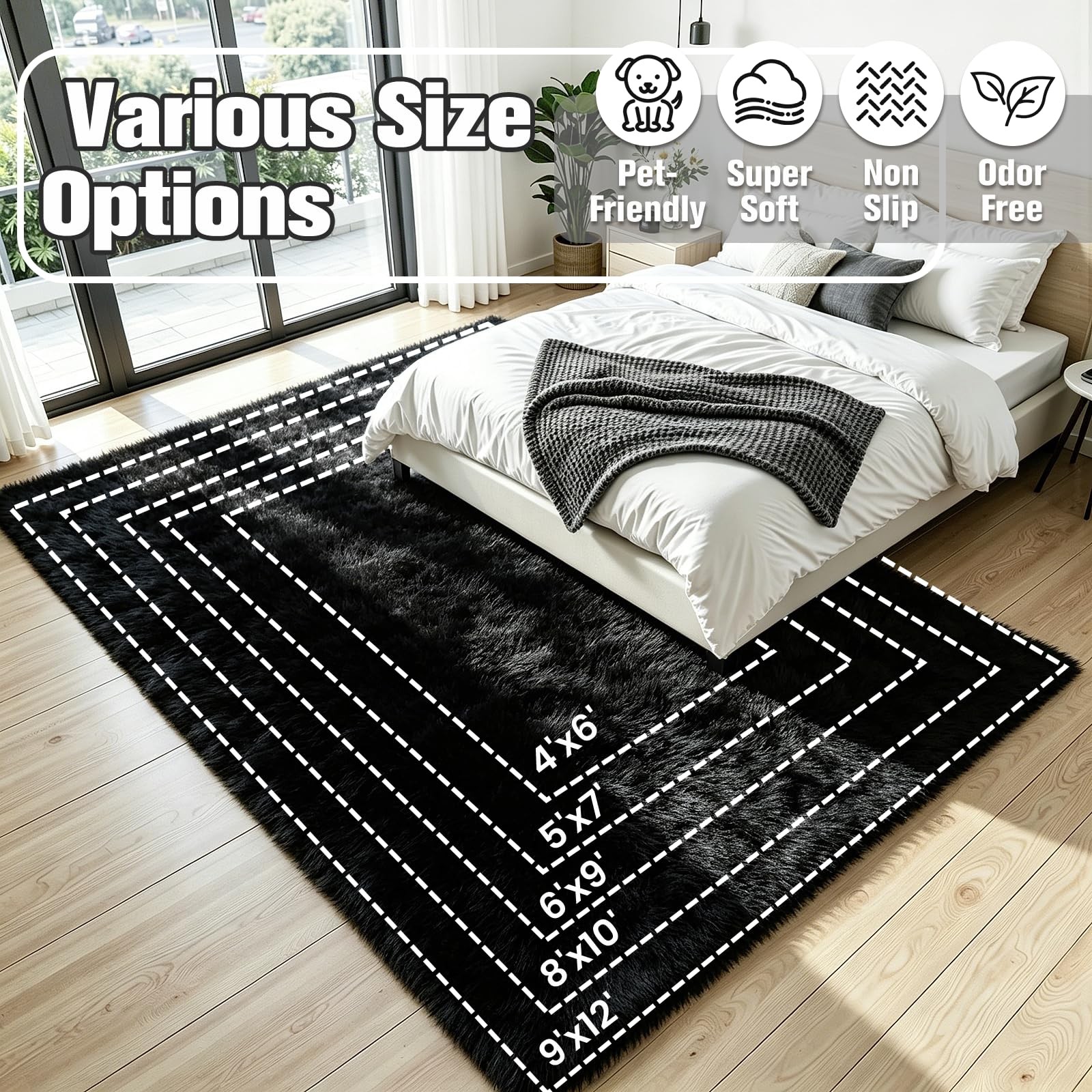 New 5×7 Area Rug for Living Room, Ultra Soft Fluffy Black Rugs Bedroom, Non Slip