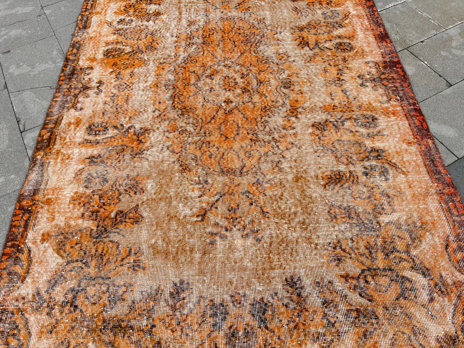 5.4×9.3 Ft Vintage Overdyed Turkish Rug Distressed Oushak Orange Wool 5×9