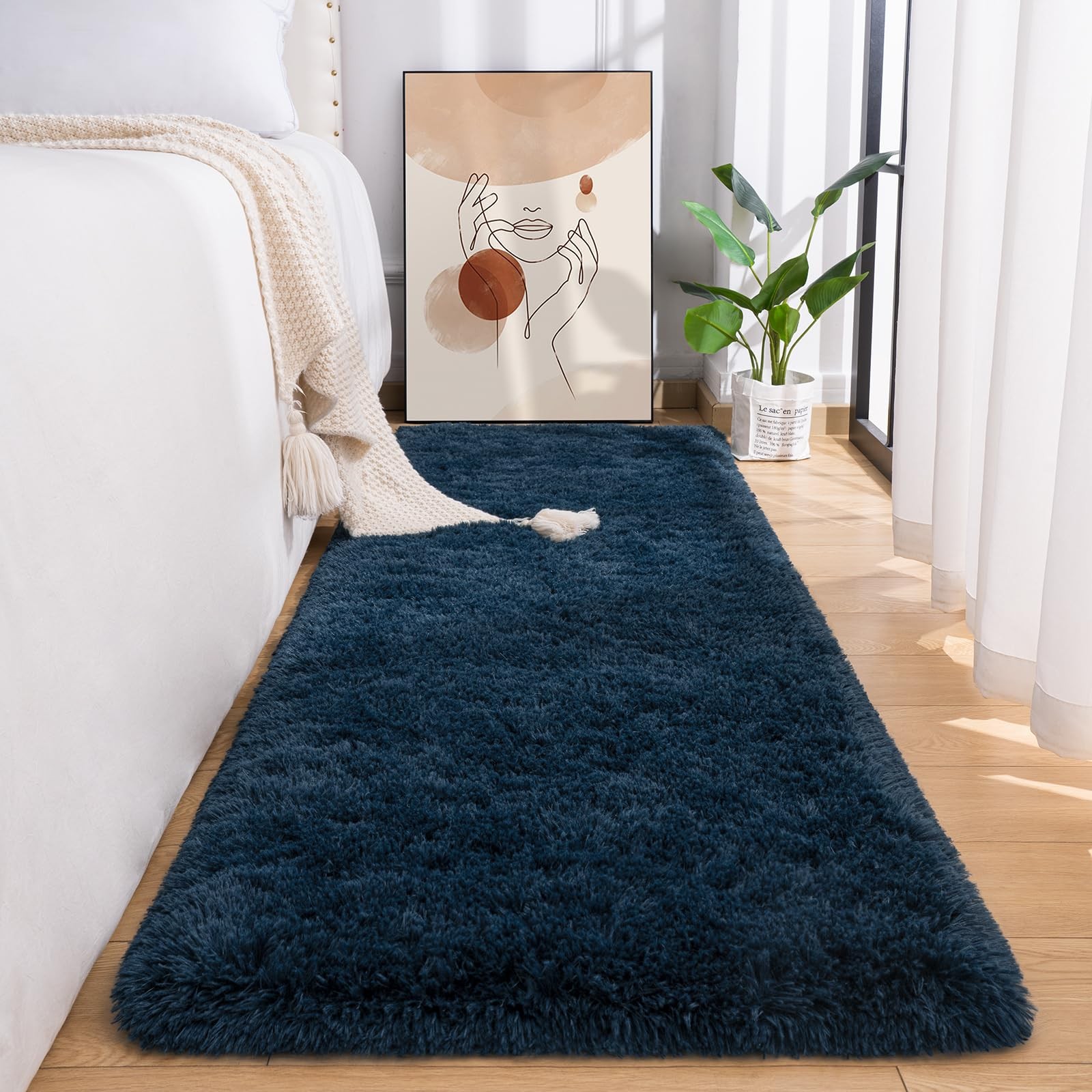 2×6 Feet Navy Blue Fluffy Runner Rug Shag Area Carpet Soft Fuzzy Bedside