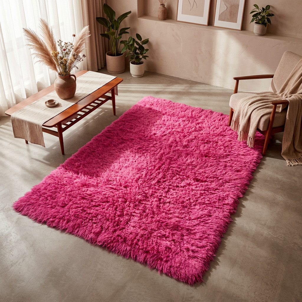 STYLISH HOT PINK GREEK FLOKATI RUGS 💥100% WOOL💥THICK 3.5″ PILE💥SHAG AREA RUGS