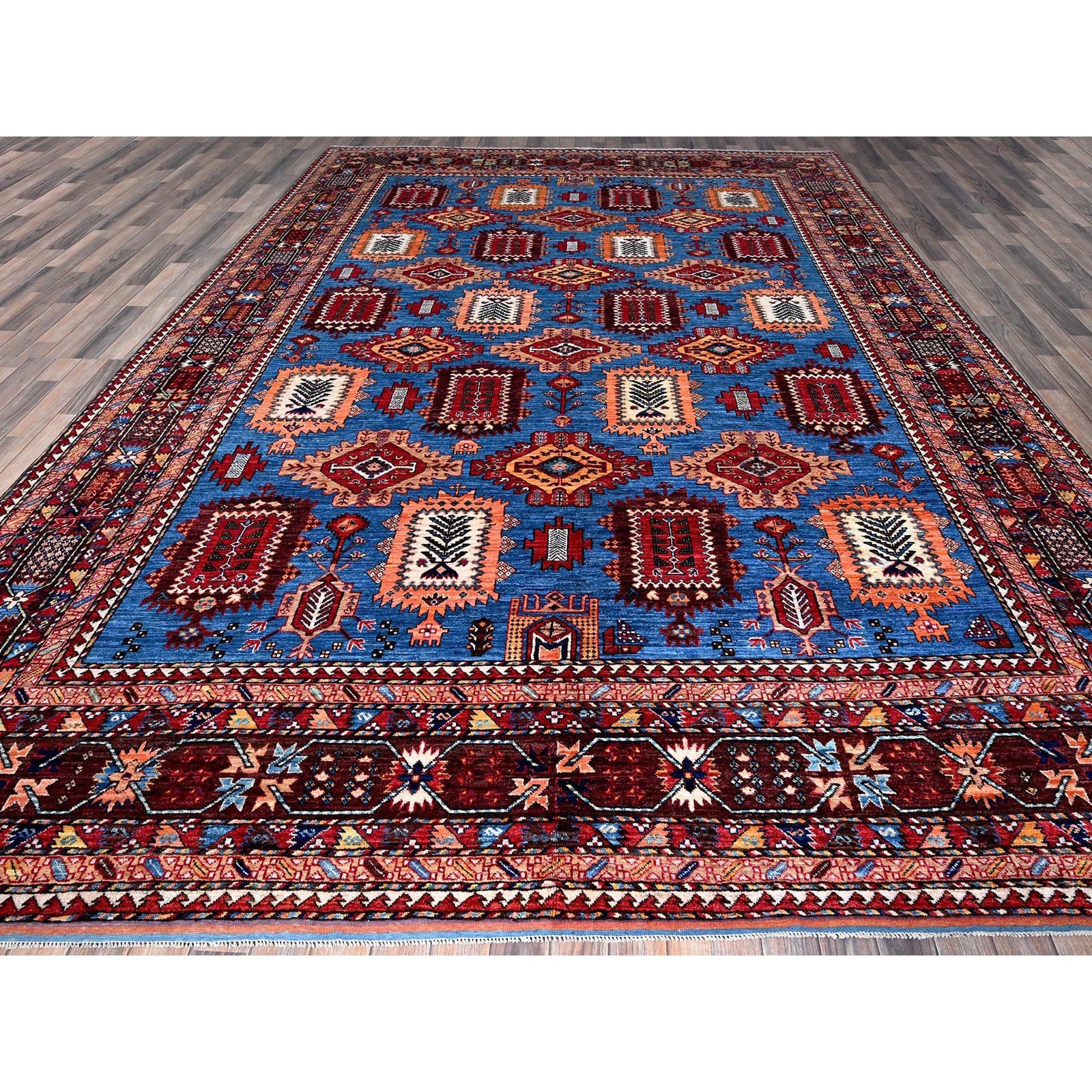10’1″x13’4″ Blue Afghan Caucasian Design Revival Hand Knotted Soft Wool Rug R563