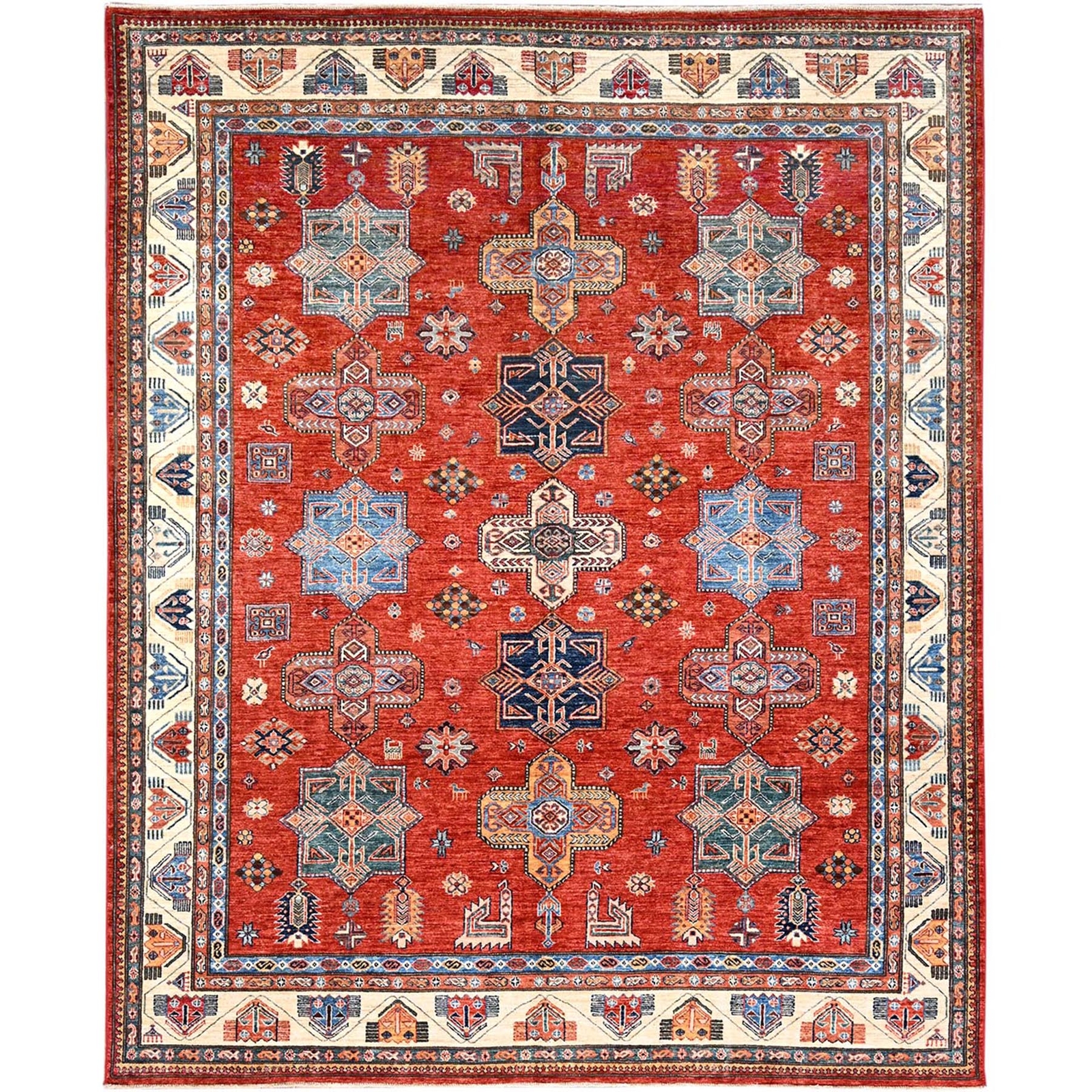 8’2″x9’10” Valiant Poppy Red Wool Hand Knotted Afghan Super Kazak Rug R86273