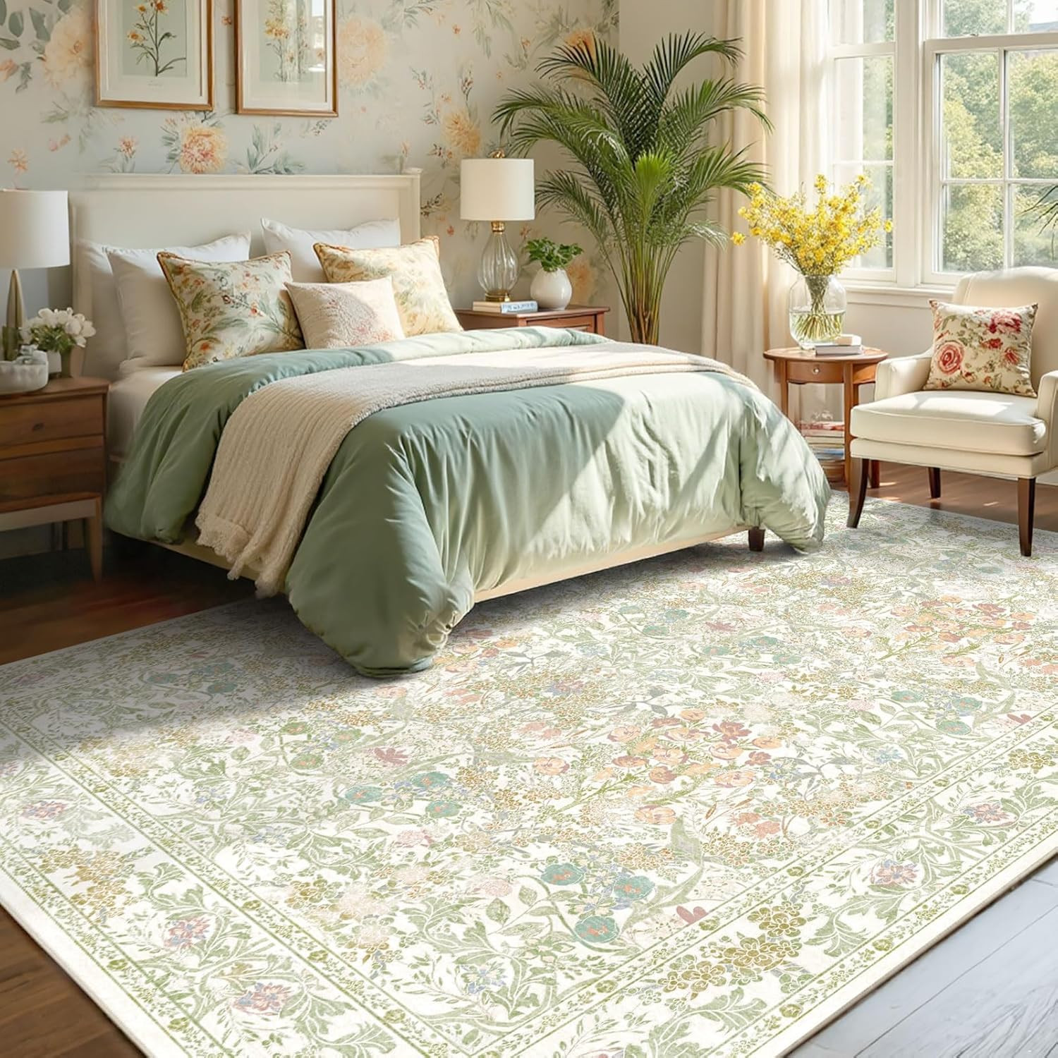 Sage Green Boho Area Rugs for Bedroom Aesthetic 8X10 – Washable Floral Farmhouse