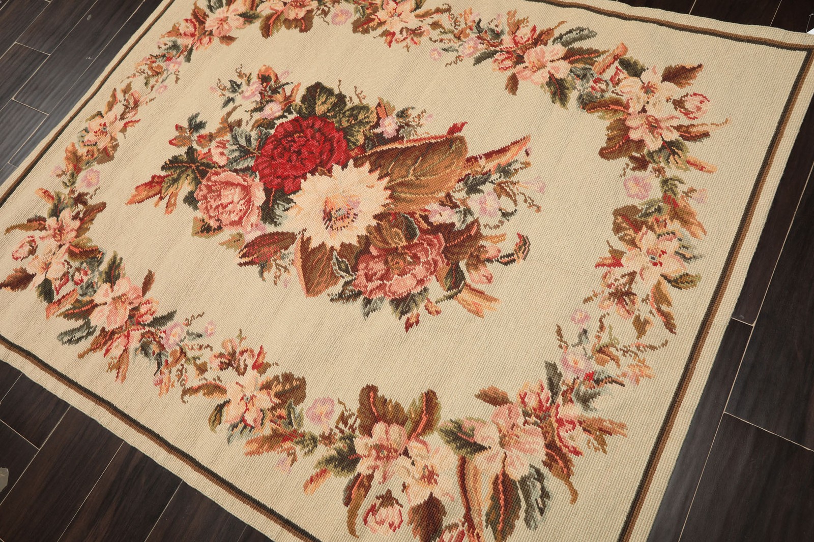 4×5 Hand Woven Wool Ivory French Needlepoint Traditional Floral Rug