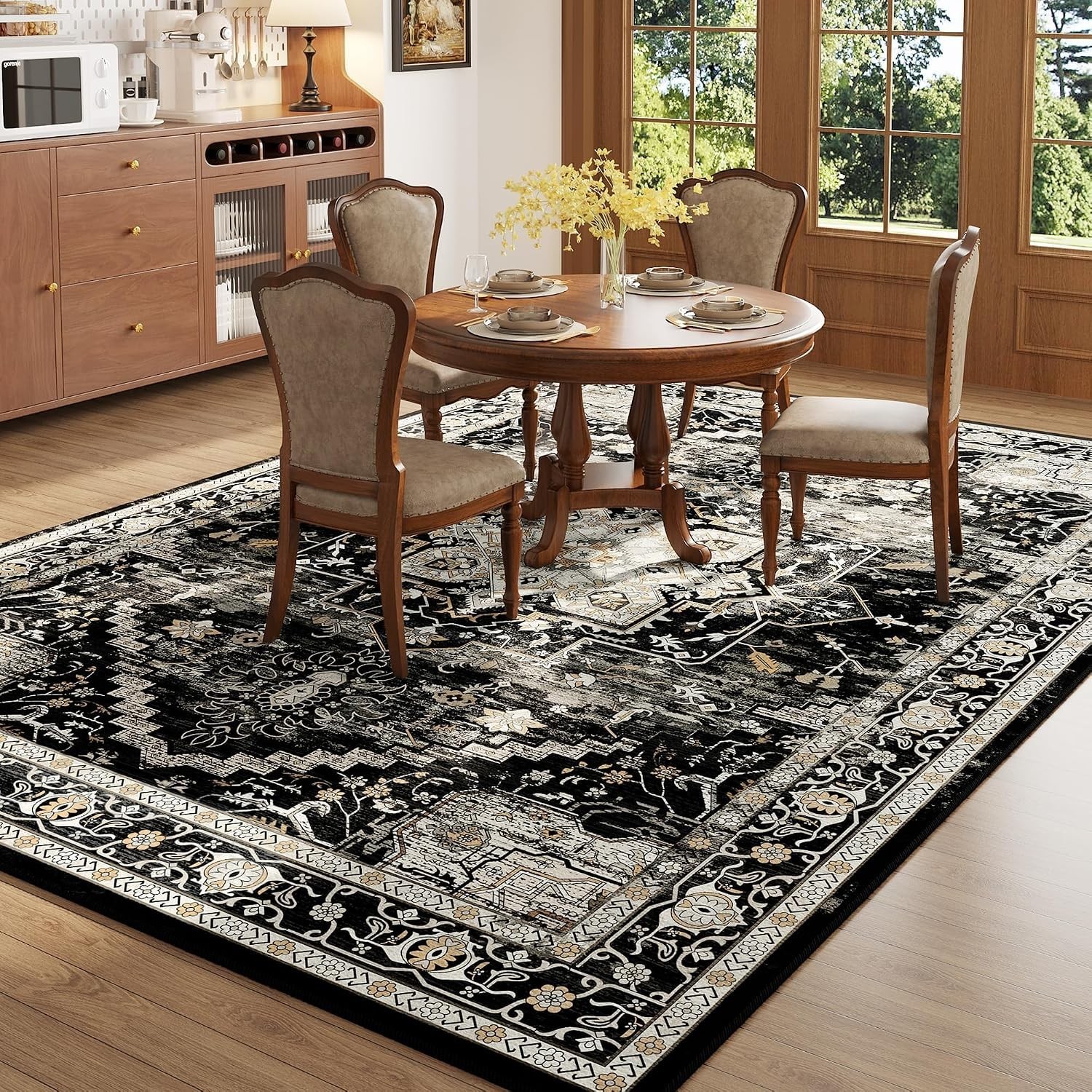 5ft x 7ft Pet-Friendly & Easy to Clean Black & Gold Area Rug for Living Rooms