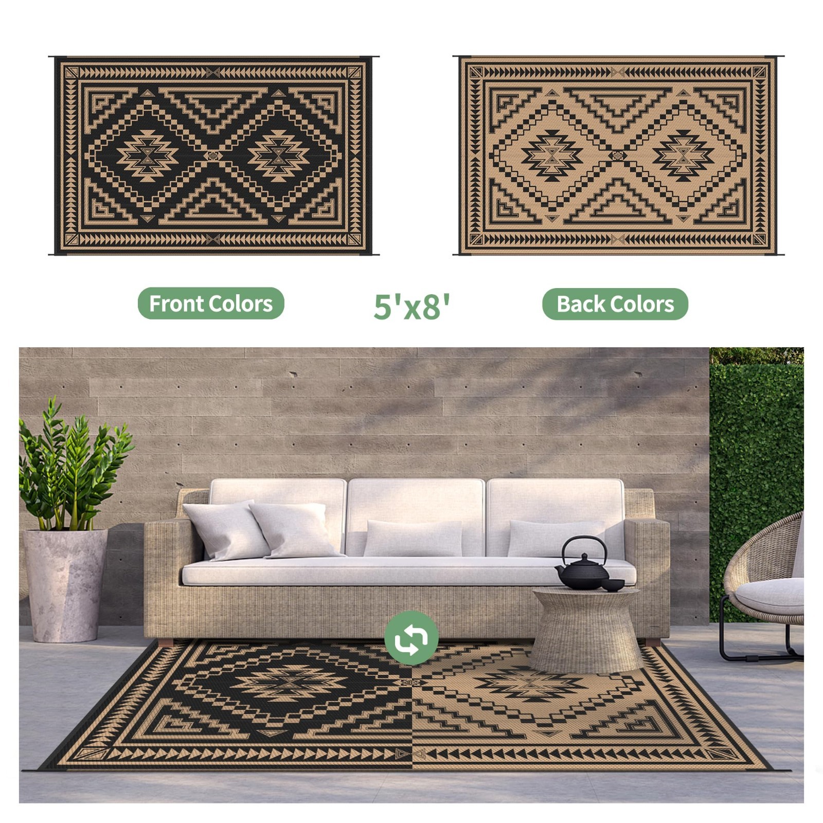Outdoor Rug 5×8 ft Waterproof Reversible Mat for Patio, Deck, Beach, Camping