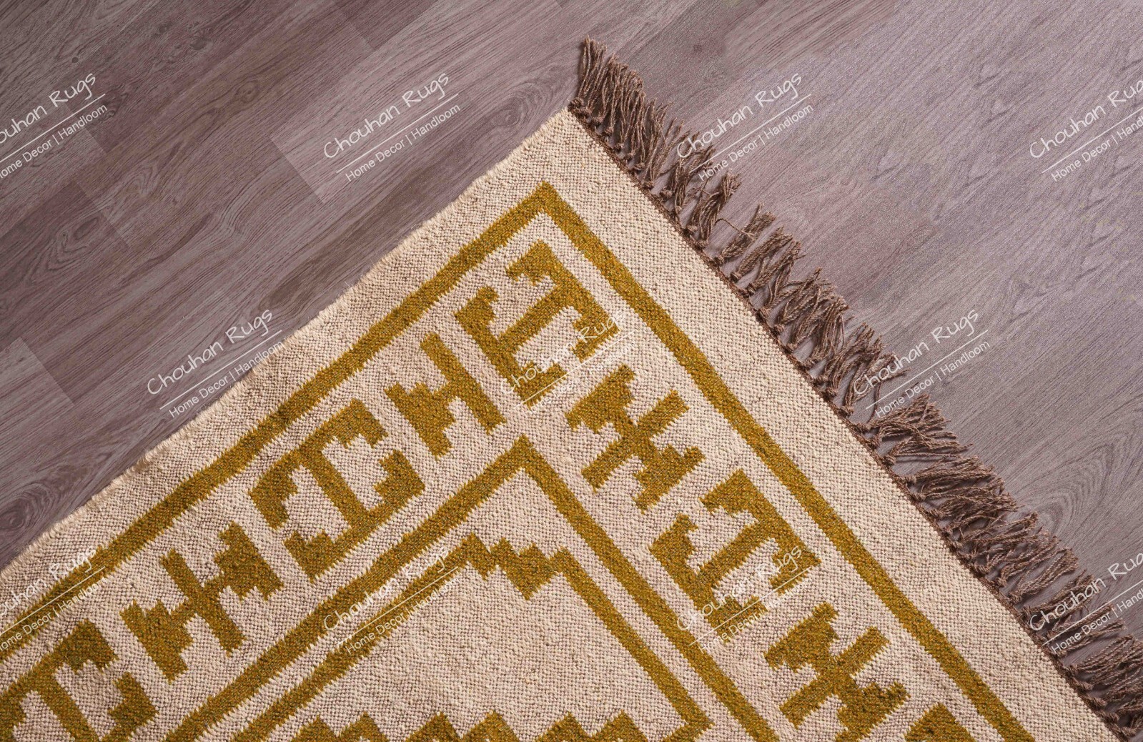 Indian Handwoven Kilim Rug With Yellow Design Rug, Fringes Jute Rug, Large Rug