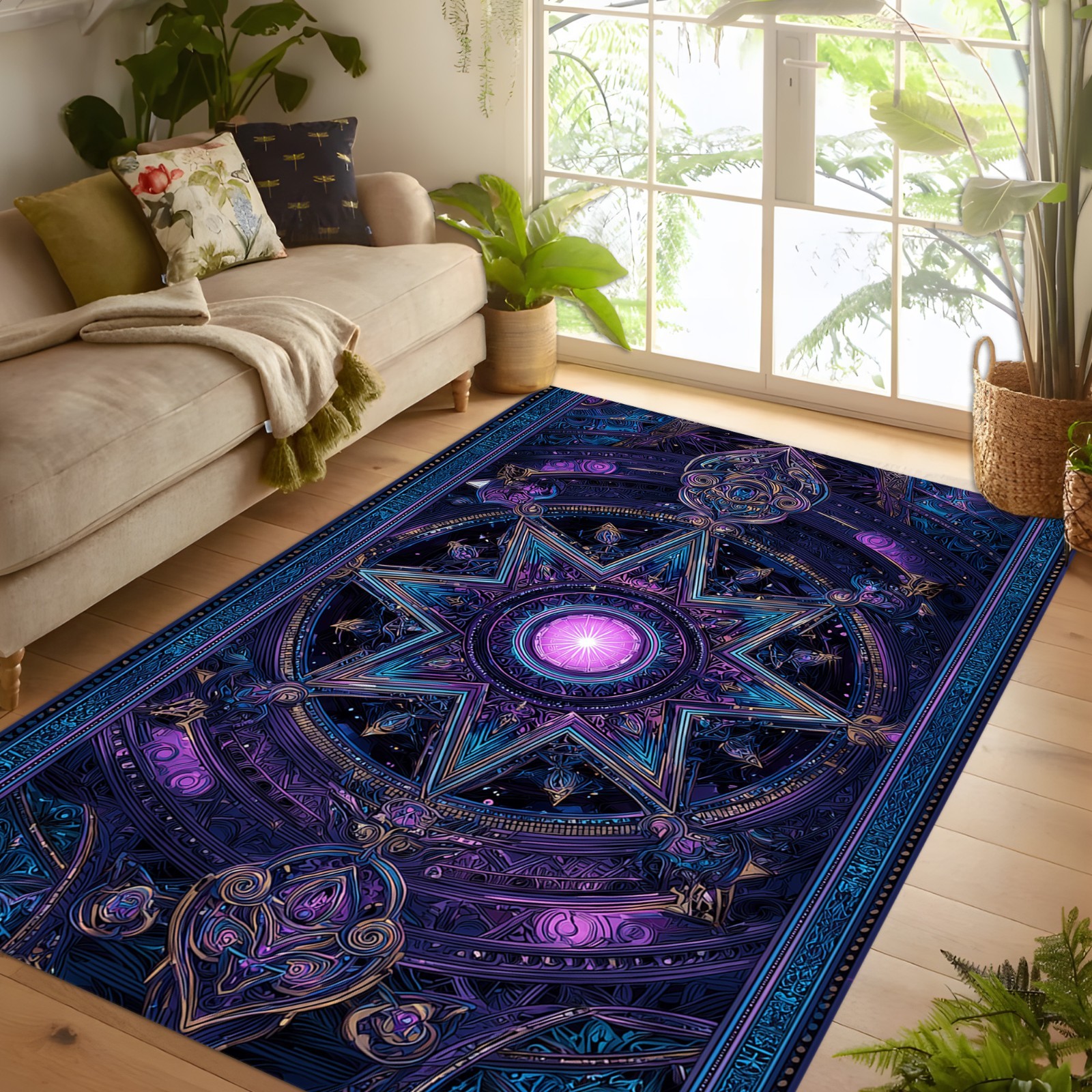 Mystic Mandala Rug,Purple Blue Star Pattern Carpet, Cosmic Geometric Neon Galaxy