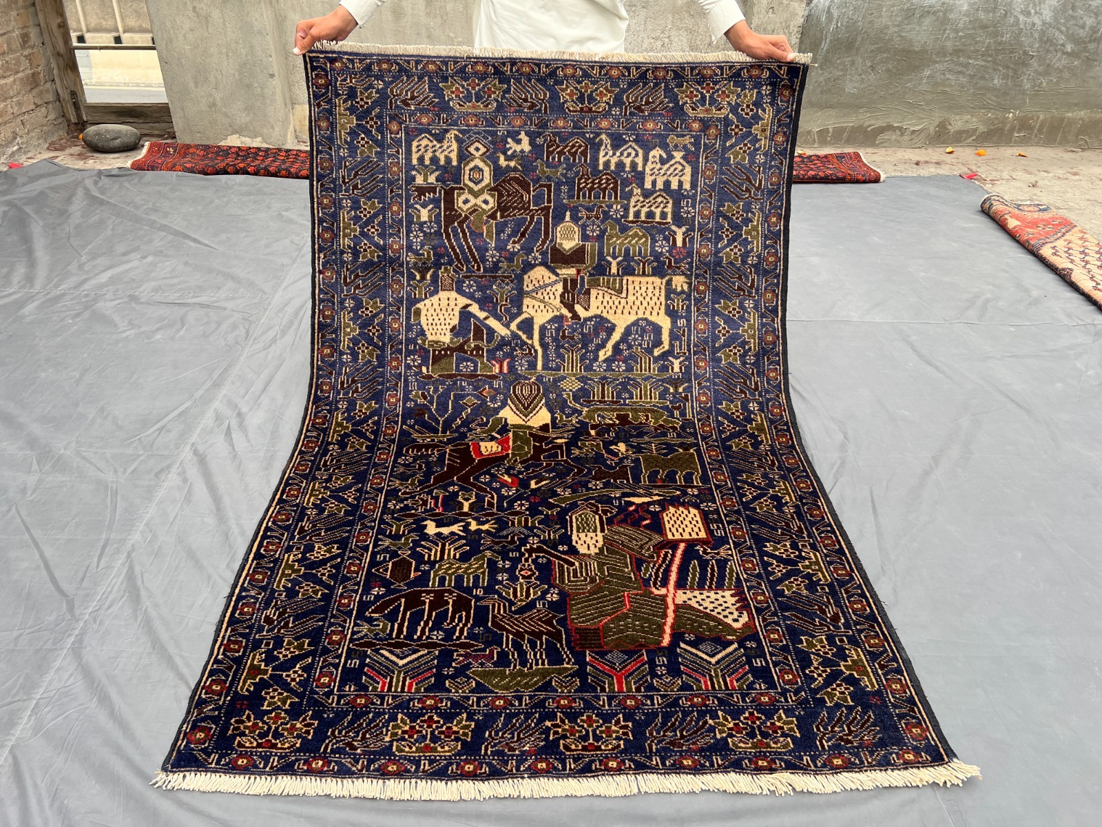 Navy Blue Vintage Tribal Hunting Scene Hand Knotted Wool Rug 4×6 Pictorial Rug