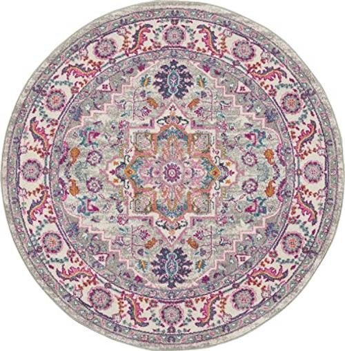 Home Passion Light Grey Pink 4′ x Round Area Rug – Easy Clean, Non Shedding,