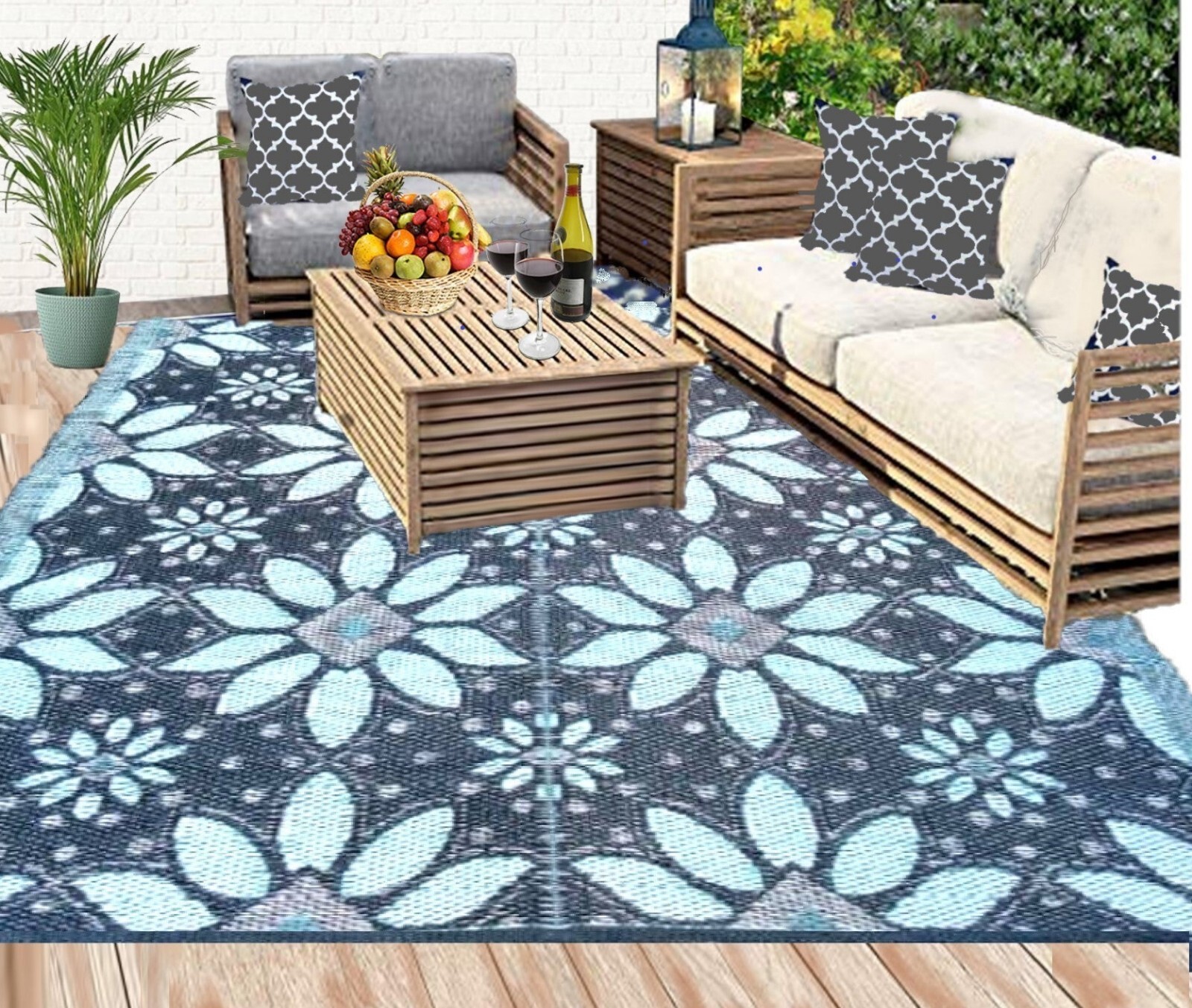 Outdoor rugs Plastic straw patio rugs 5×7 ft. Blue, Black, Grey Used For Display