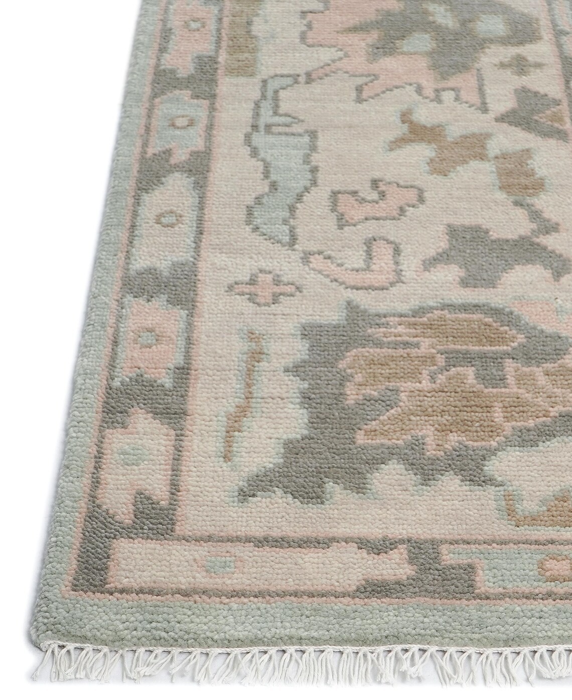 Hand-Knotted Oushak Style Rug – 8×10 Large Area Rug – Sage Green & Blush Pink