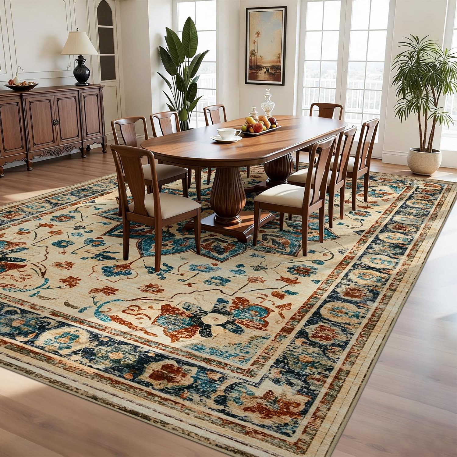 8×10 Vintage Area Rug, Non-Slip, Washable, Pet & Kid Friendly