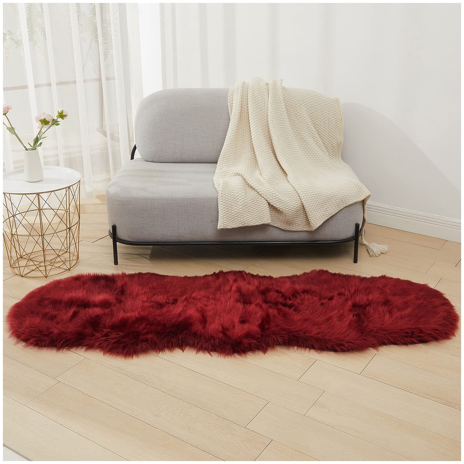 Faux Sheepskin Fur Fuzzy Furry Rug, 2×6 Ft Irregular Burgundy Furry Rugs, Bed…