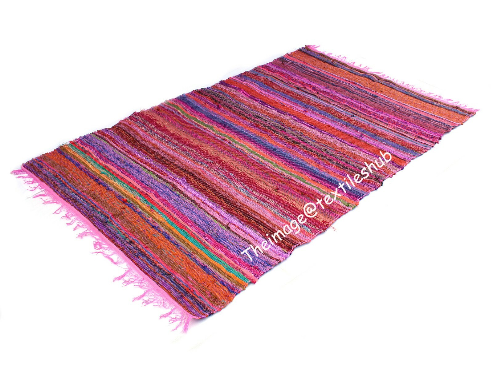 New Indian Handmade Pink Multi Chindi Reversible Porch Hand-Woven Floor Yoga Mat