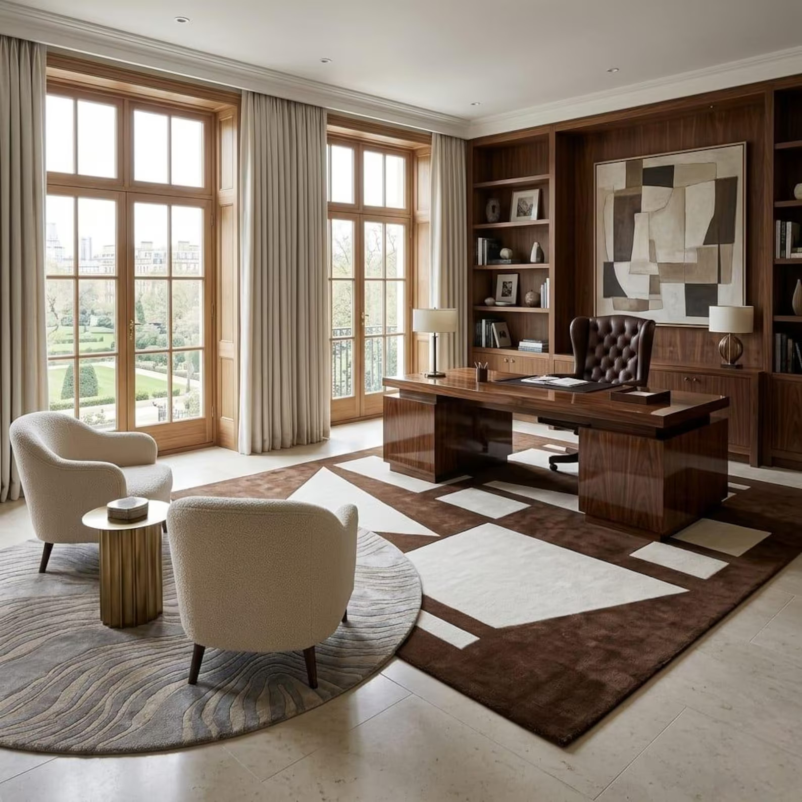 Modern Abstract Brown Wool Rug Cream Geometric Hand Tufted Living Room Carpet