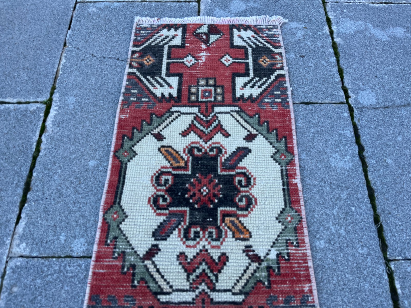 Vintage Turkish Small Rug 1.1×2.5 ft Handwoven Anatolian Wool Mini Runner