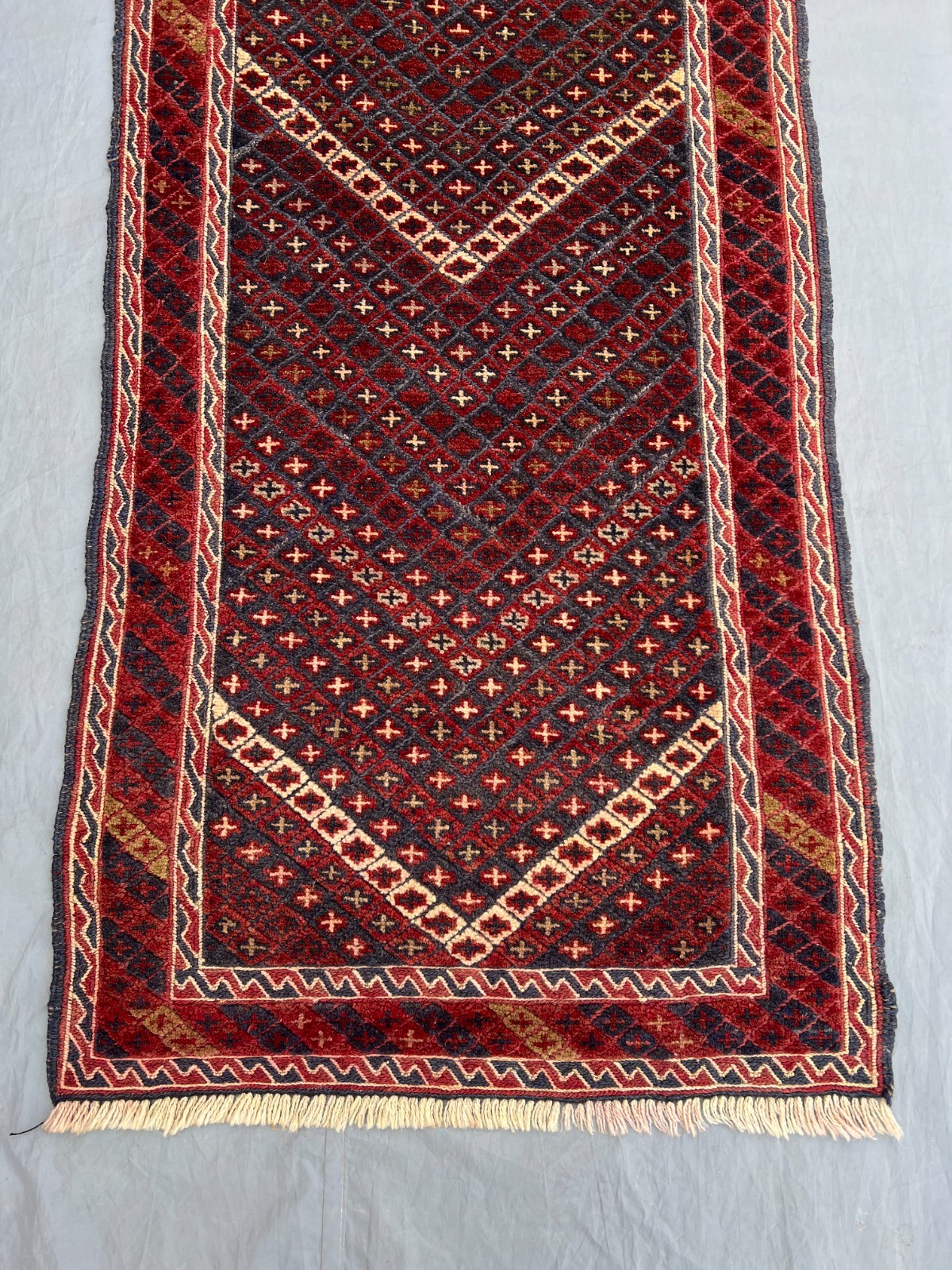 2’1 x 9’2 Ft Classic Afghan Mishwani Runner Rug – Deep Red Geometric Pattern Rug