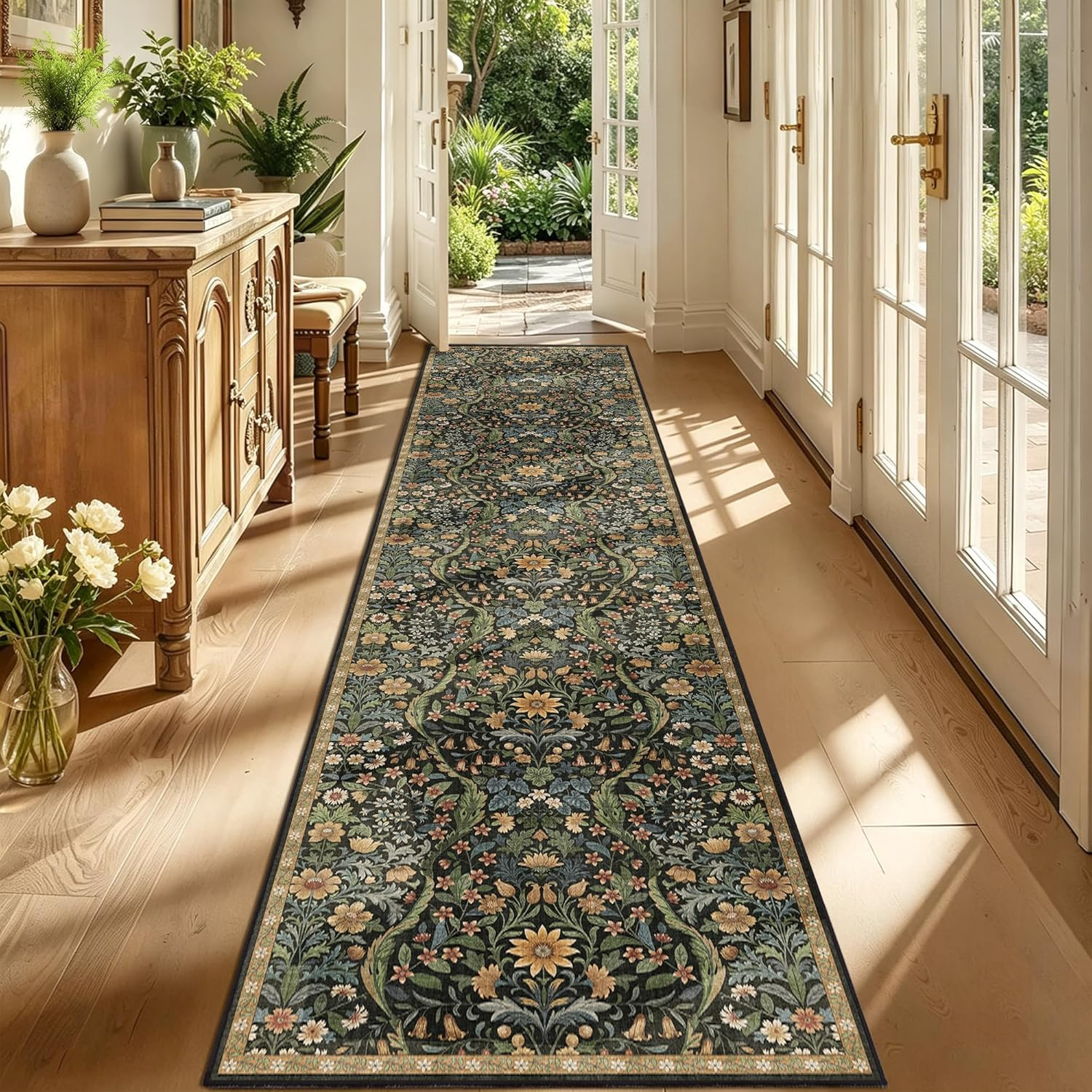 5×7 Dark Green Washable Floral Area Rug,Vintage Boho Soft Low-Pile Living Room R