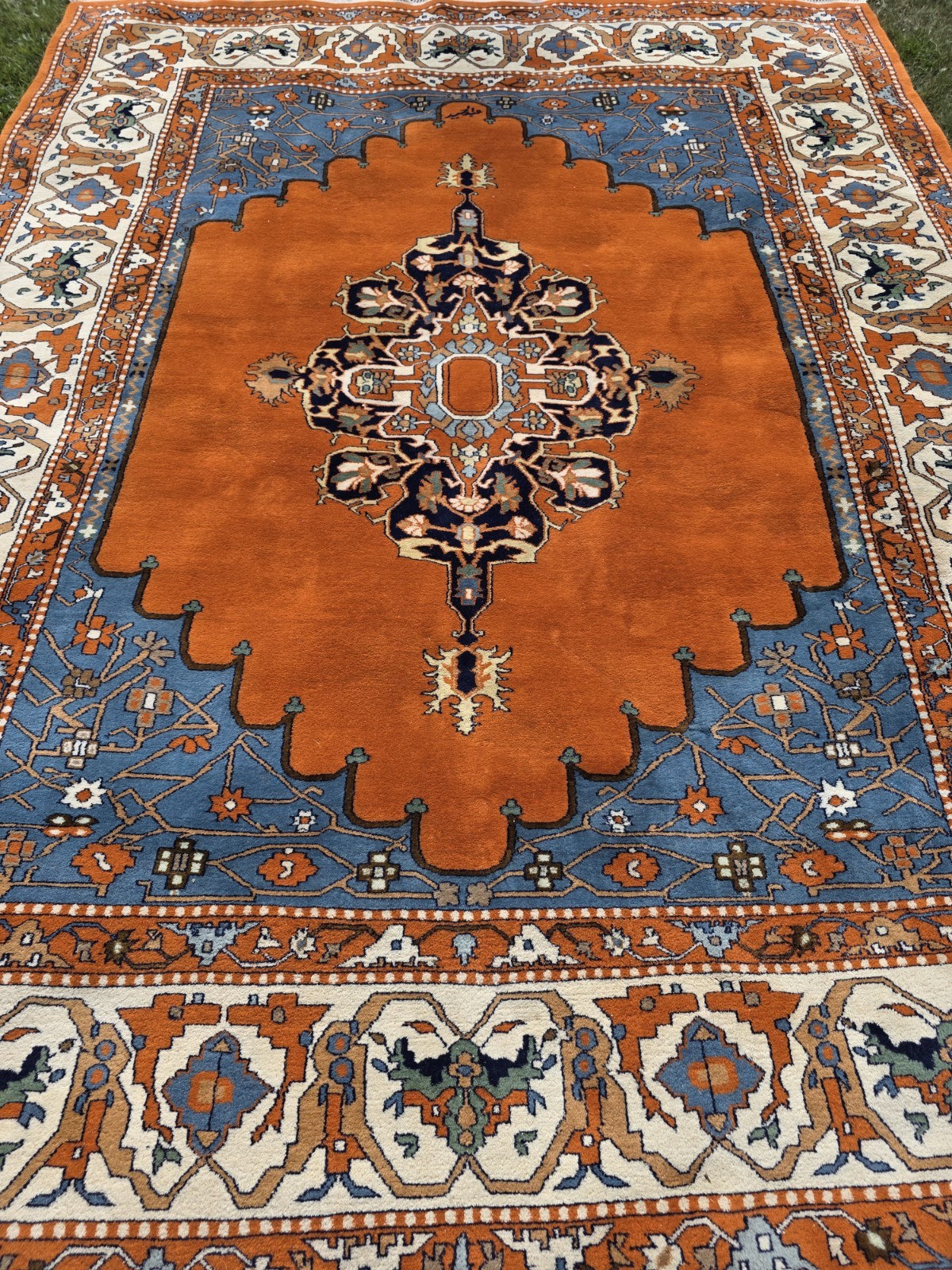 Heavyweight Vintage 9×12 Wool Area Rug Rust Orange Slate Blue Medallion Serapi S