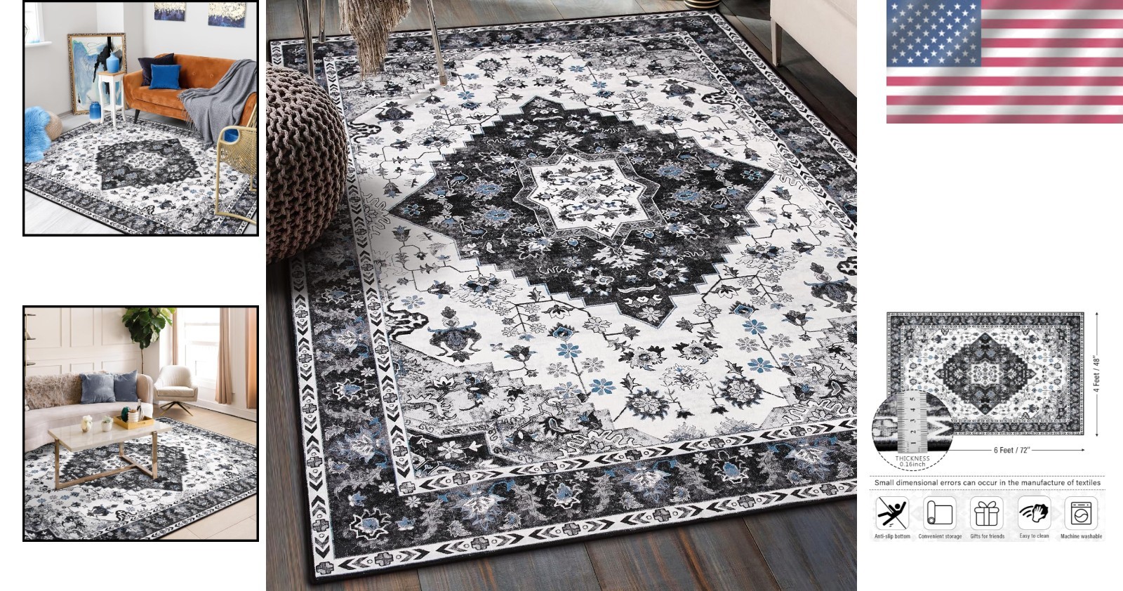 Soft & Durable Vintage Floral Rug 4×6 – Low Pile, Machine Washable Home Decor