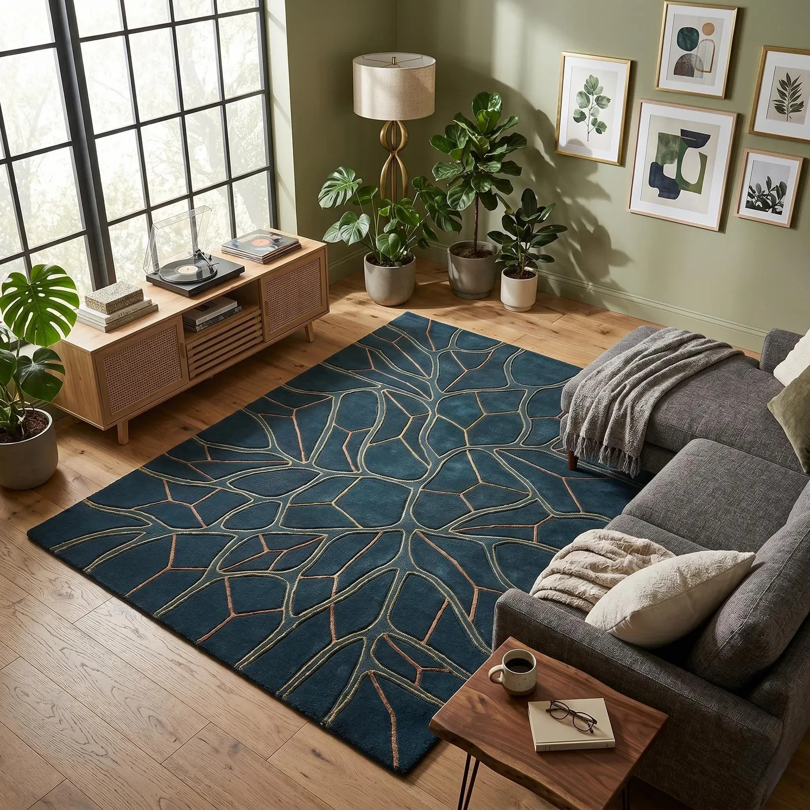Hand-Tufted Wool Rug – Teal Gold Organic Neural Pattern Carpet – Modern Japandi