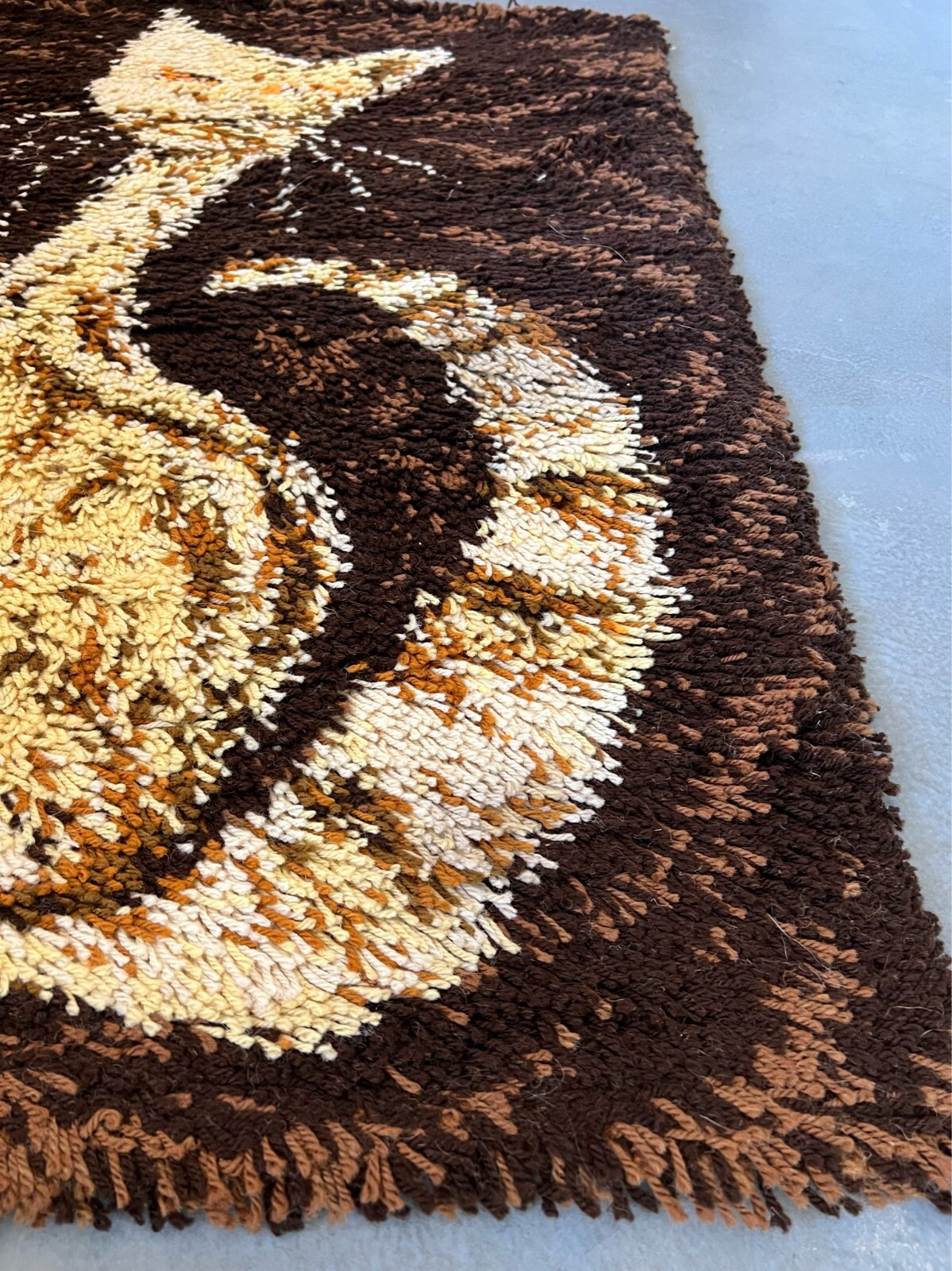 1960’s AIDA Brown Beige Cat Tapestry UNUSED Modern Mid Century Rya Rug Wool