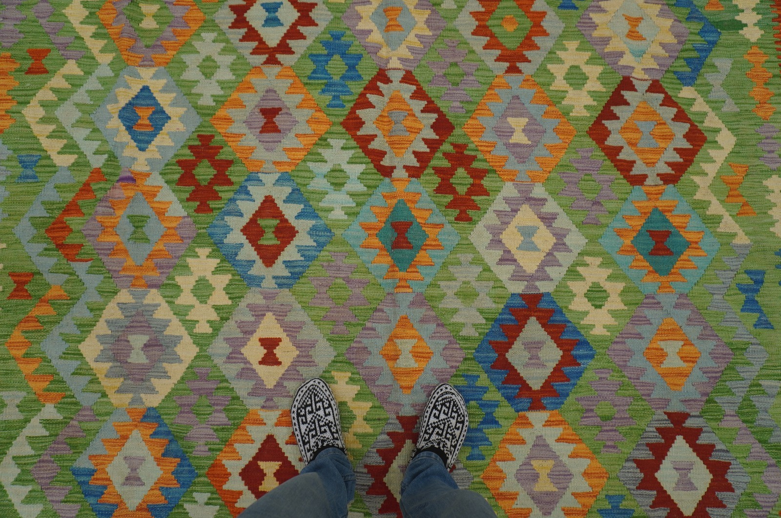 8×11 ft Green Afghan Handmade Geometric Wool Kilim Area Rug (8’4″x11’6″)