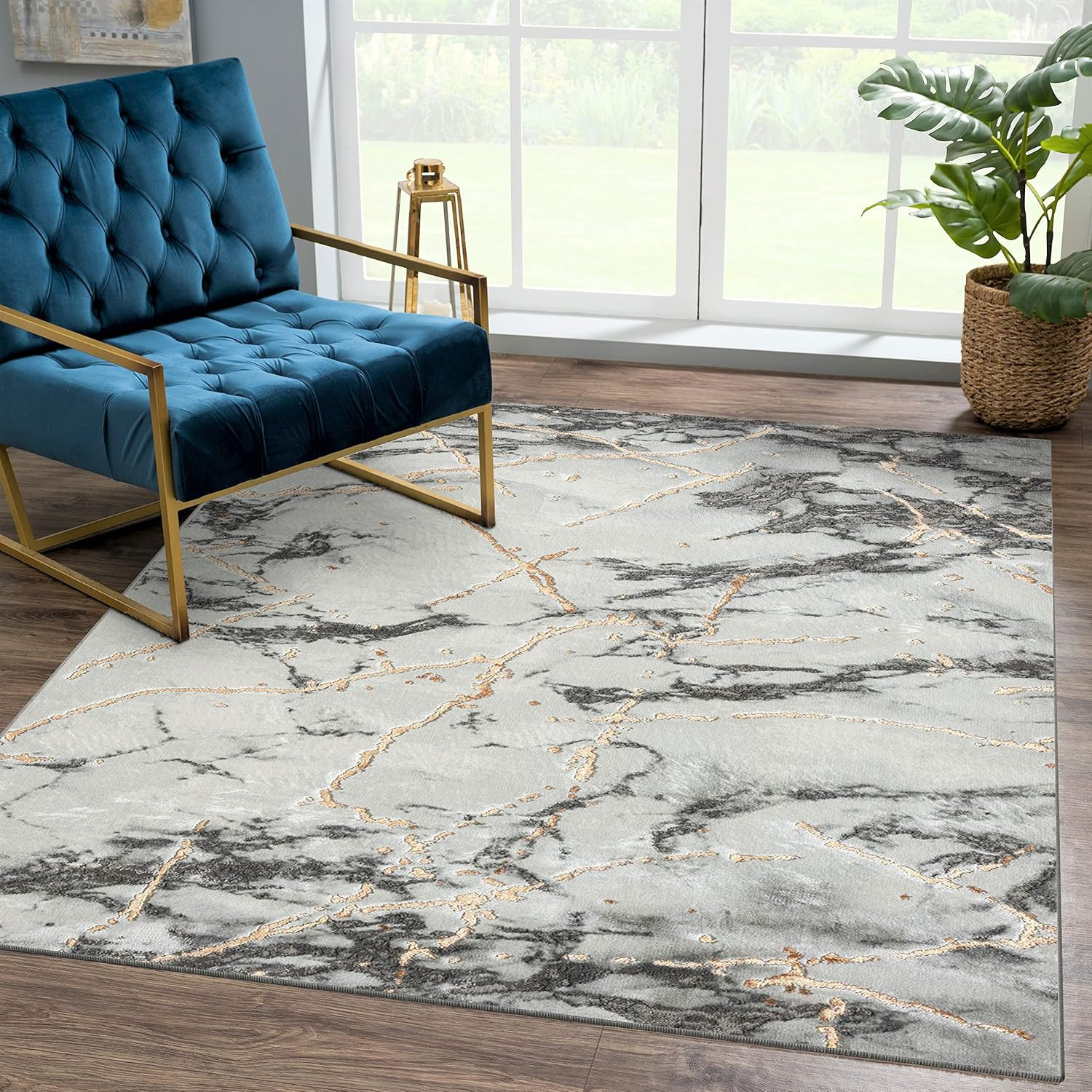 Elegant Ivory Gold 6×9 Abstract Marble Area Rug for Luxurious Spaces