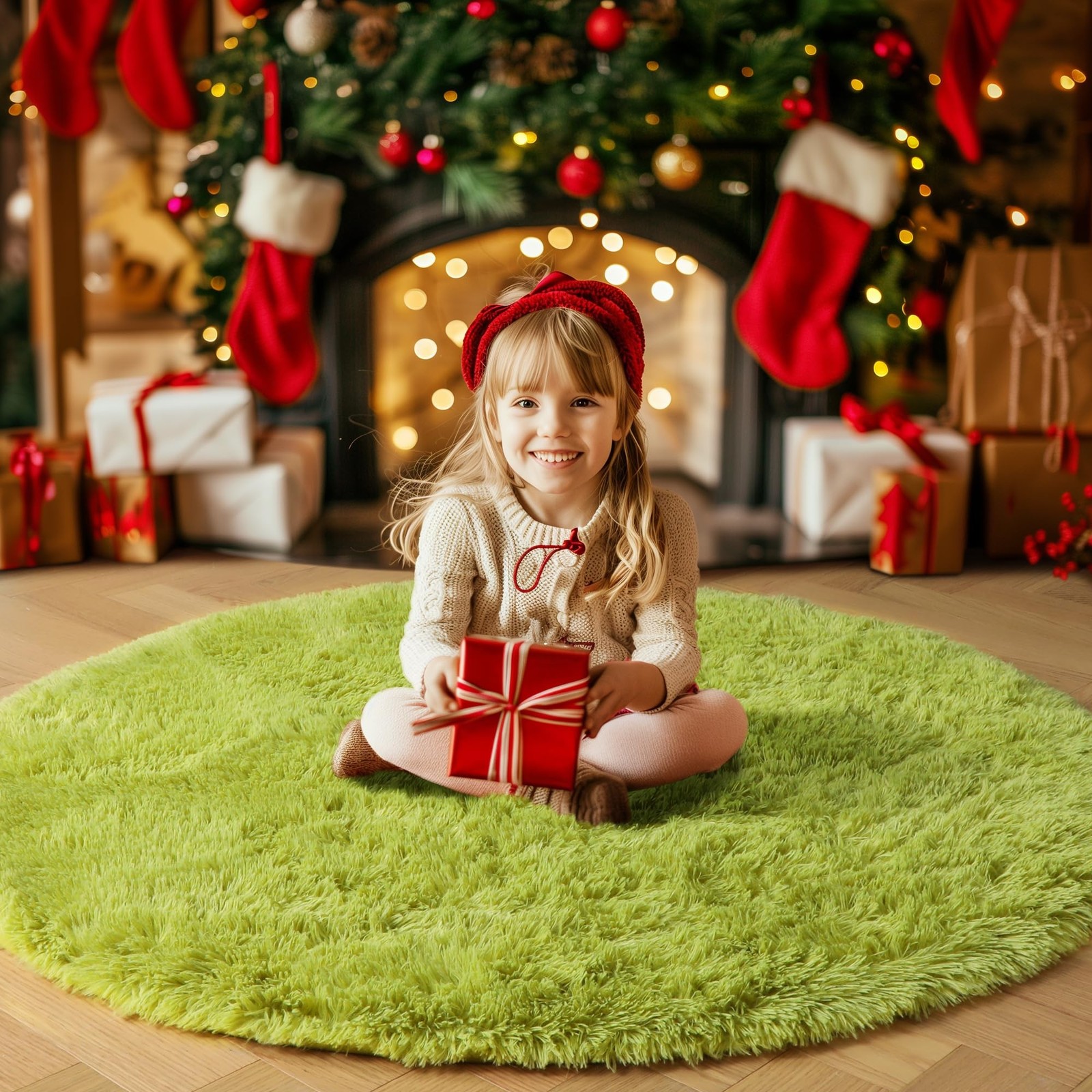 Grass Green Round Rug for Bedroom,Fluffy Circle Rug 5’X5′ for Kids Room,Furry…